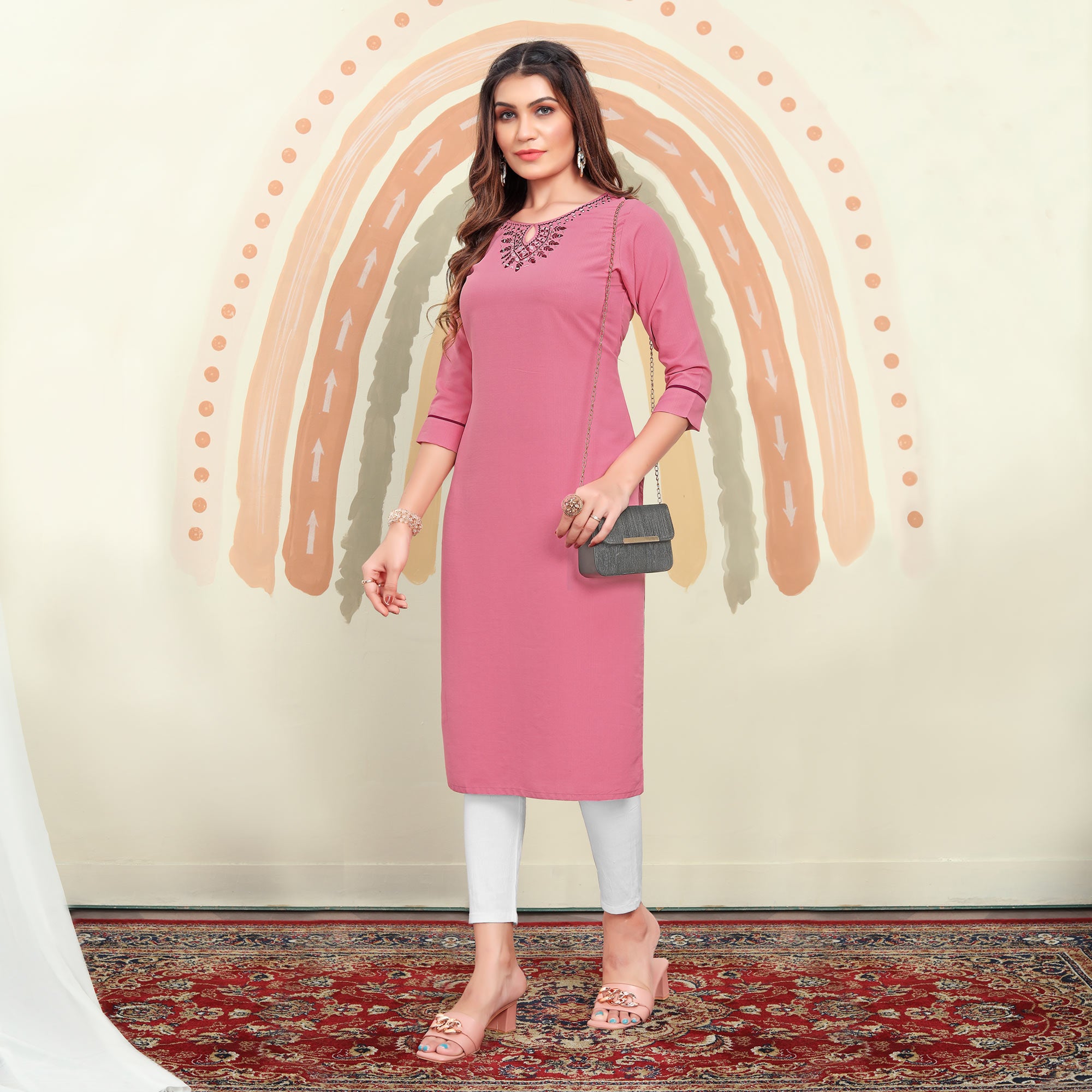 Pink Mirror Embroidered Cotton Blend Kurti