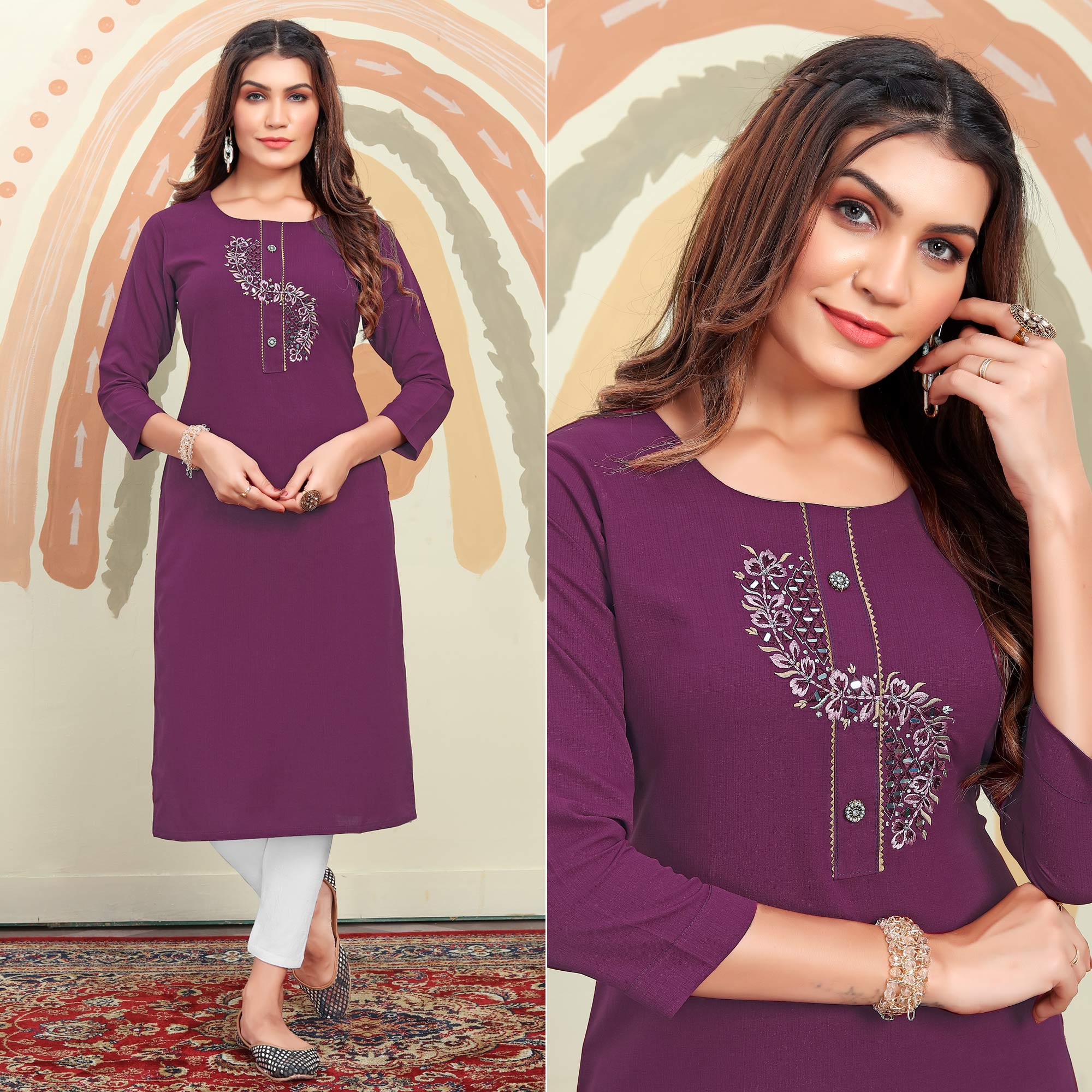 Purple Mirror Embroidered Cotton Blend Kurti