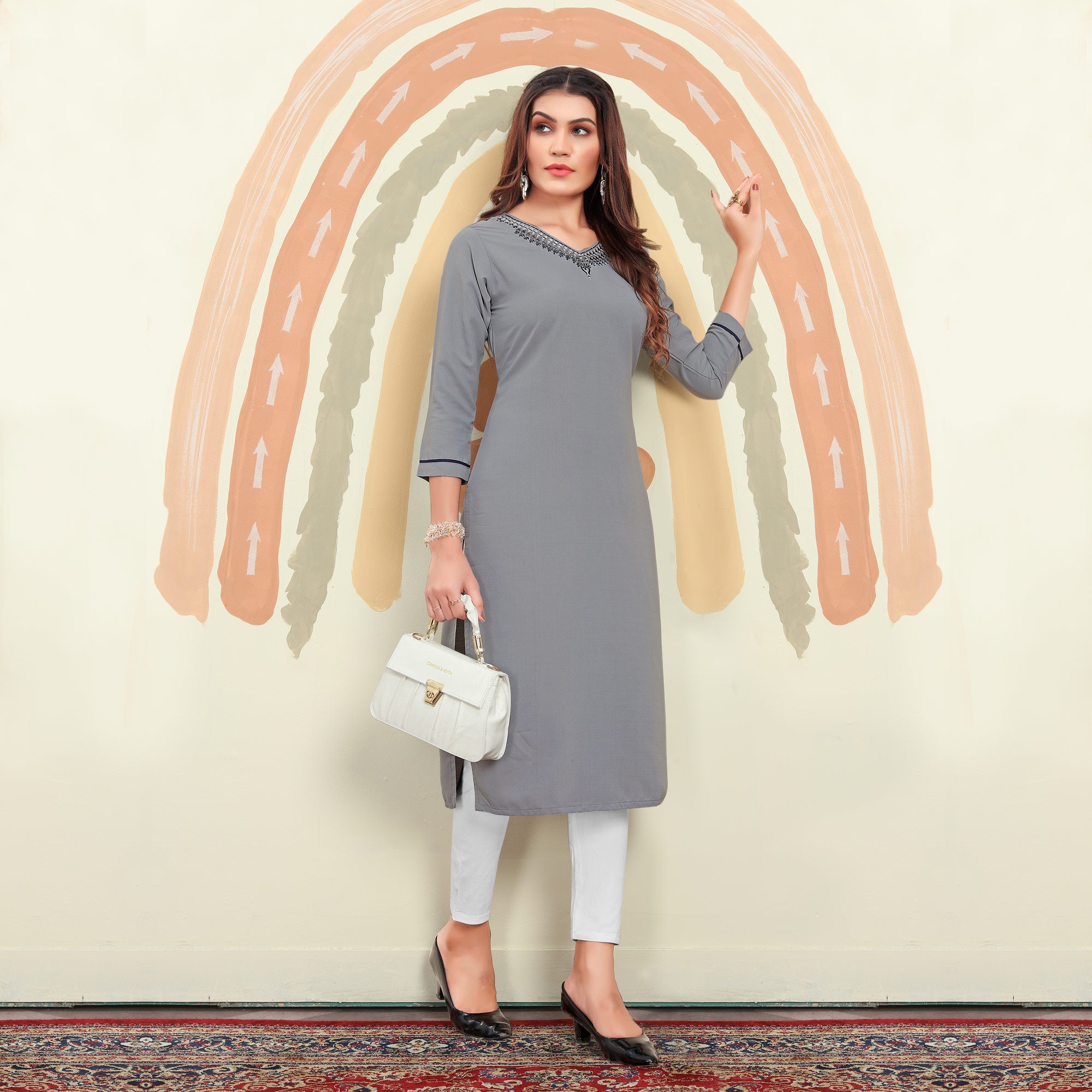 Grey Mirror Embroidered Cotton Blend Kurti