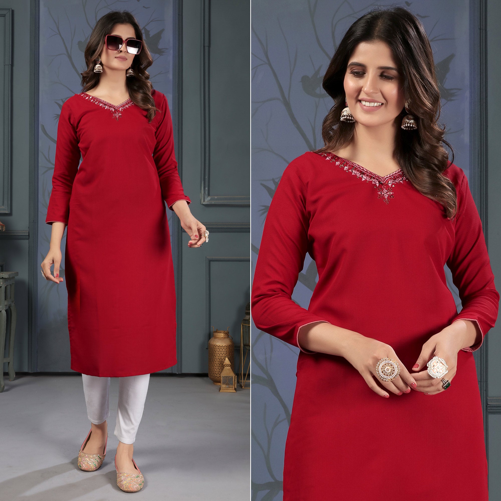 Red Solid With Mirror Embroidered Cotton Blend Kurti