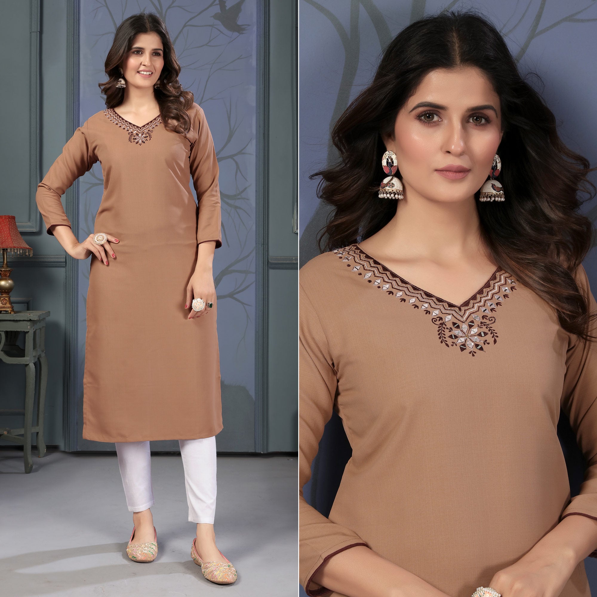 Brown Solid With Mirror Embroidered Cotton Blend Kurti