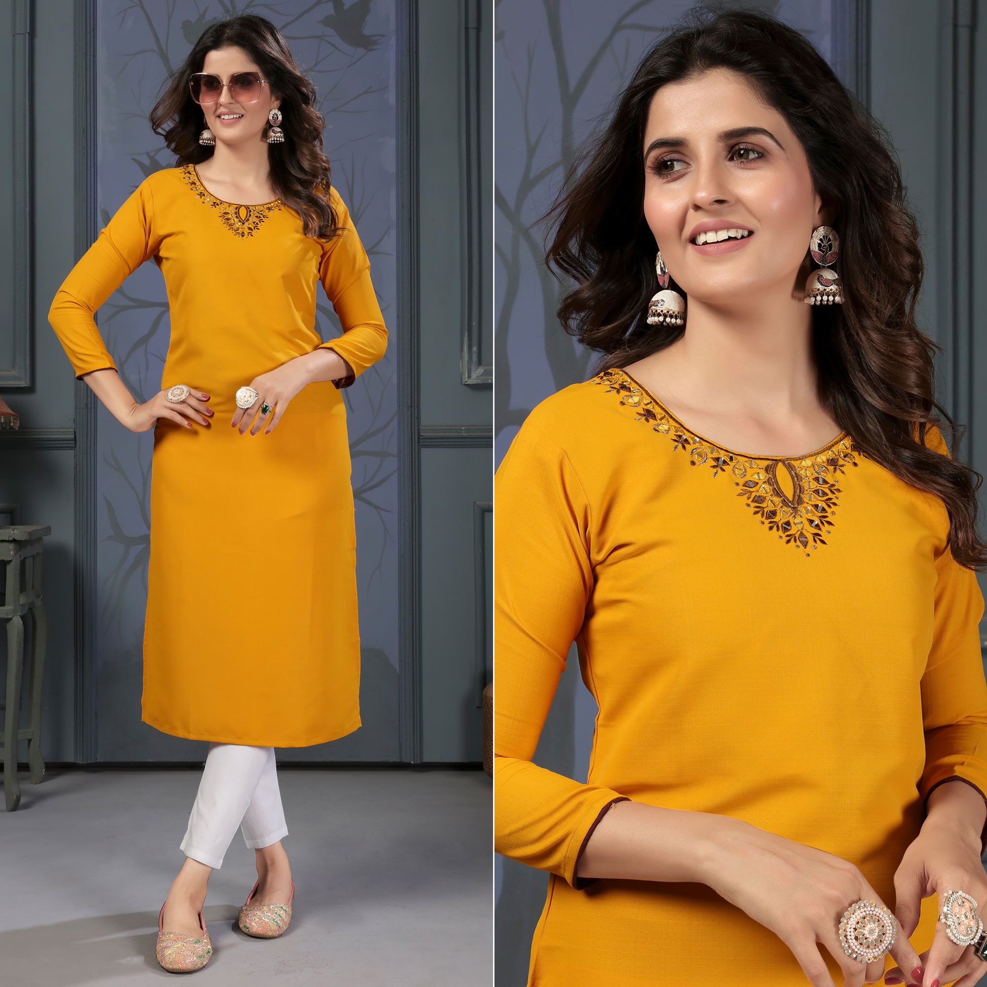 Mustard Solid With Mirror Embroidered Cotton Blend Kurti