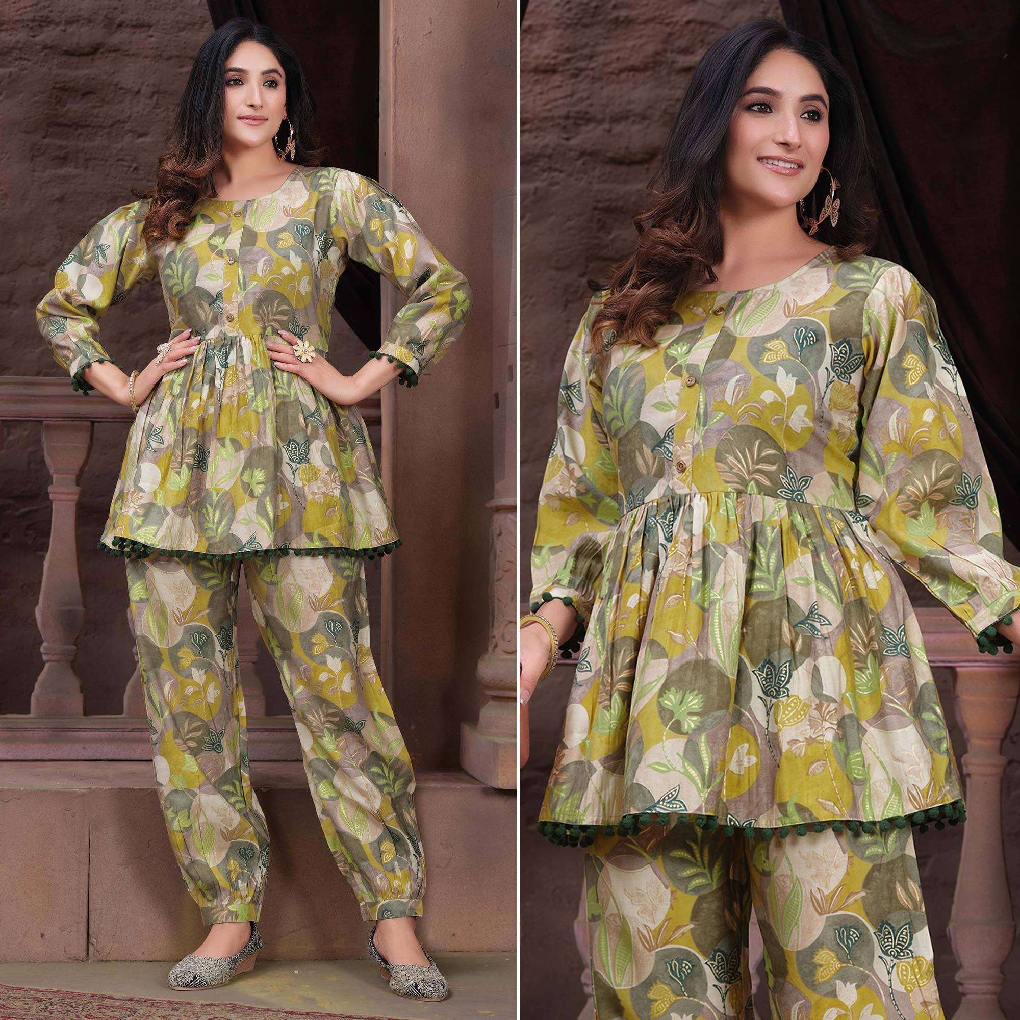 Green Floral Printed Chanderi Co Ord Set