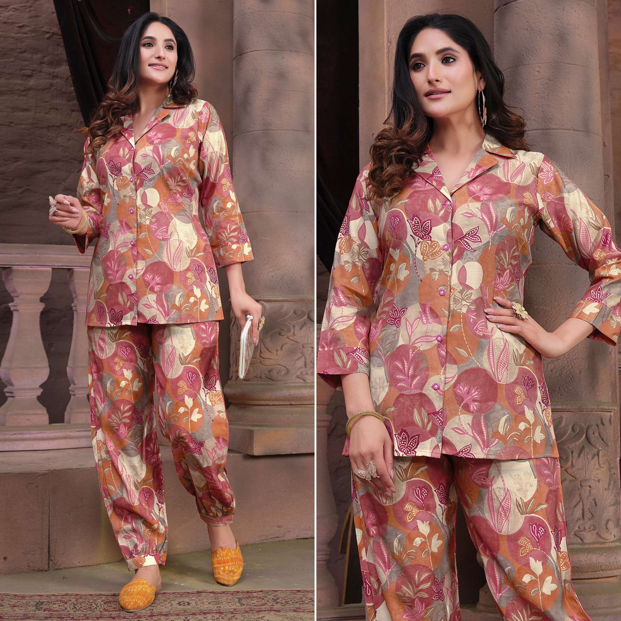 Pink Floral Printed Chanderi Co Ord Set