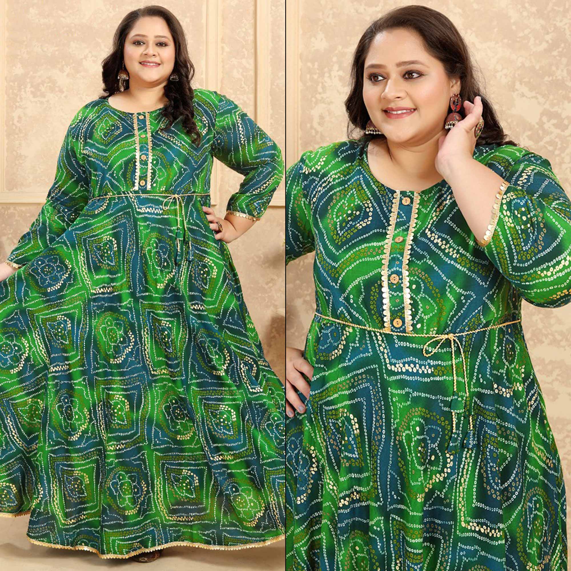 Green Bandhani Printed Rayon Long Kurti