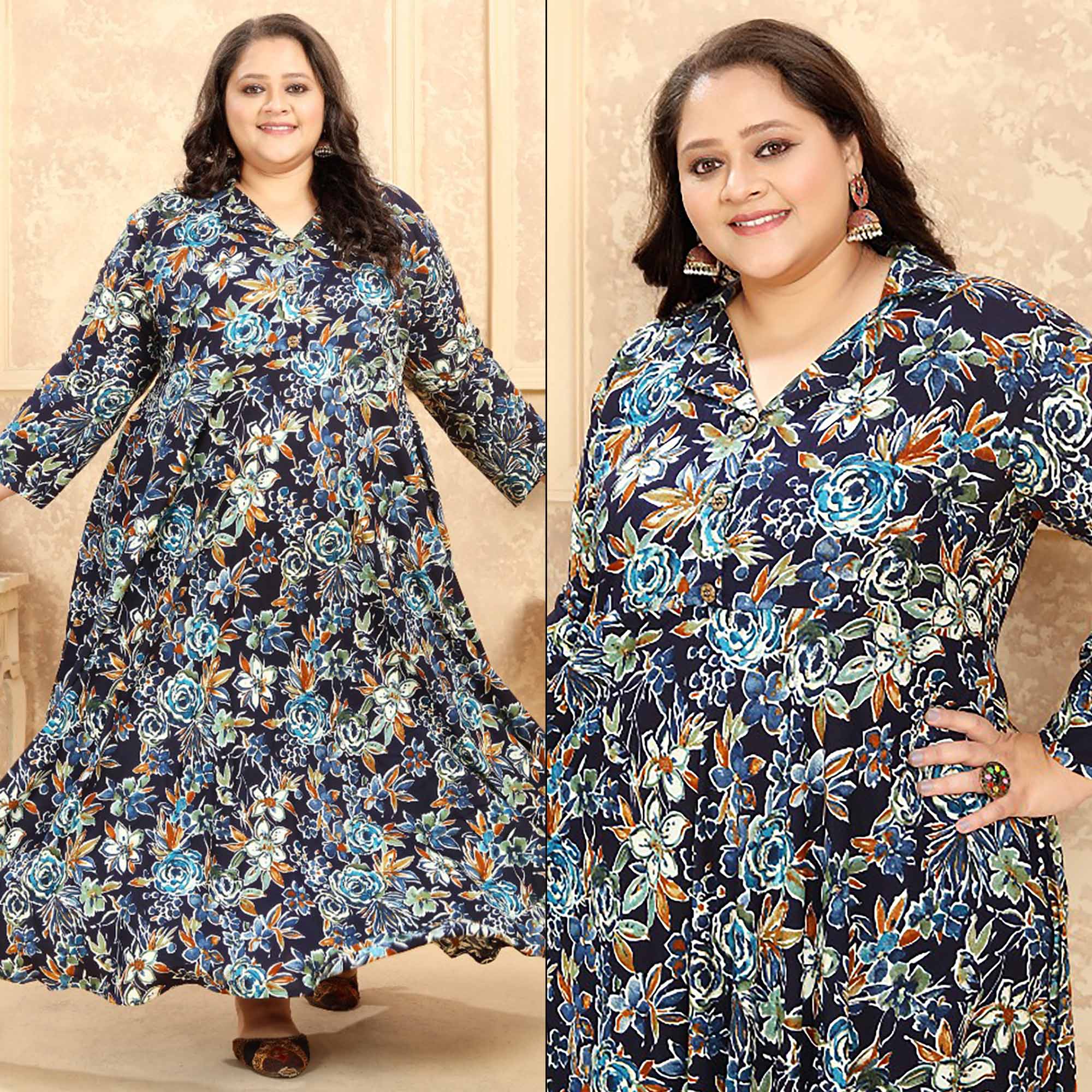 Blue Floral Printed Rayon Long Kurti