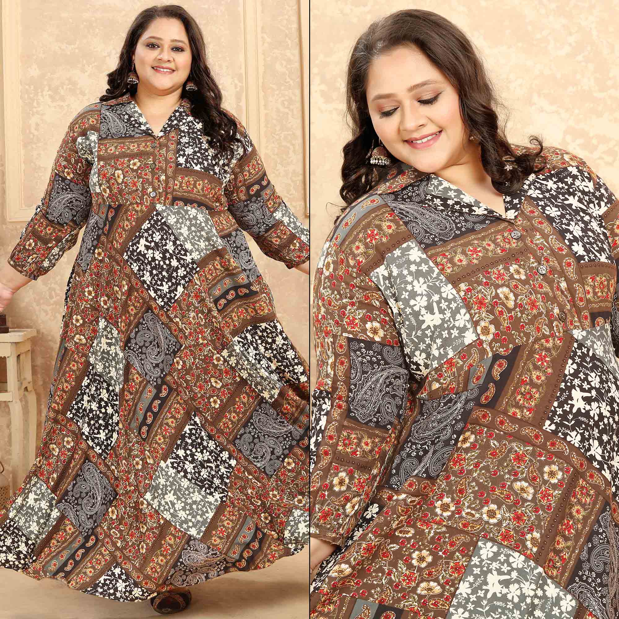 Brown Floral Printed Rayon Long Kurti