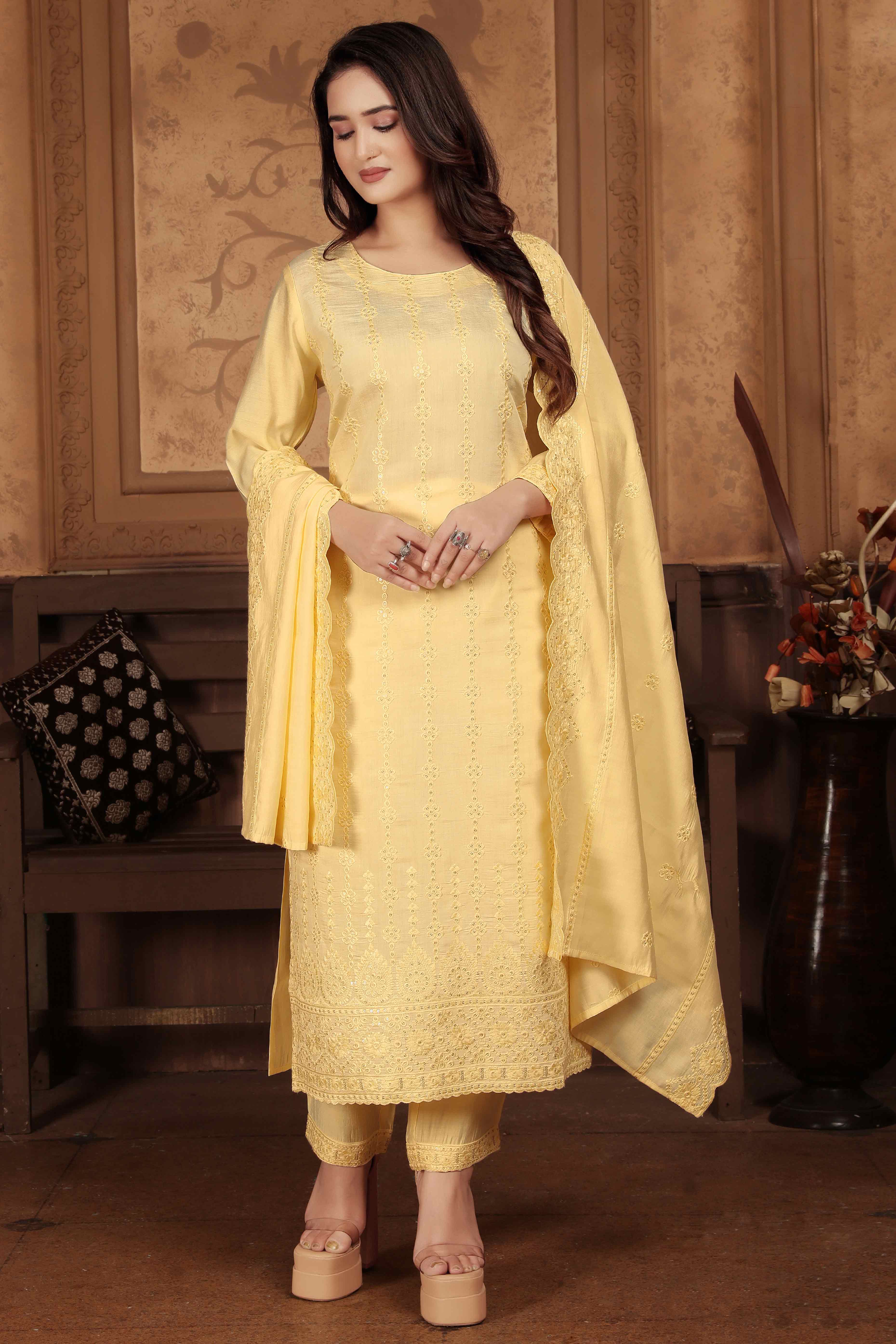 Yellow Sequins Embroidered Chanderi Straight Salwar Suit