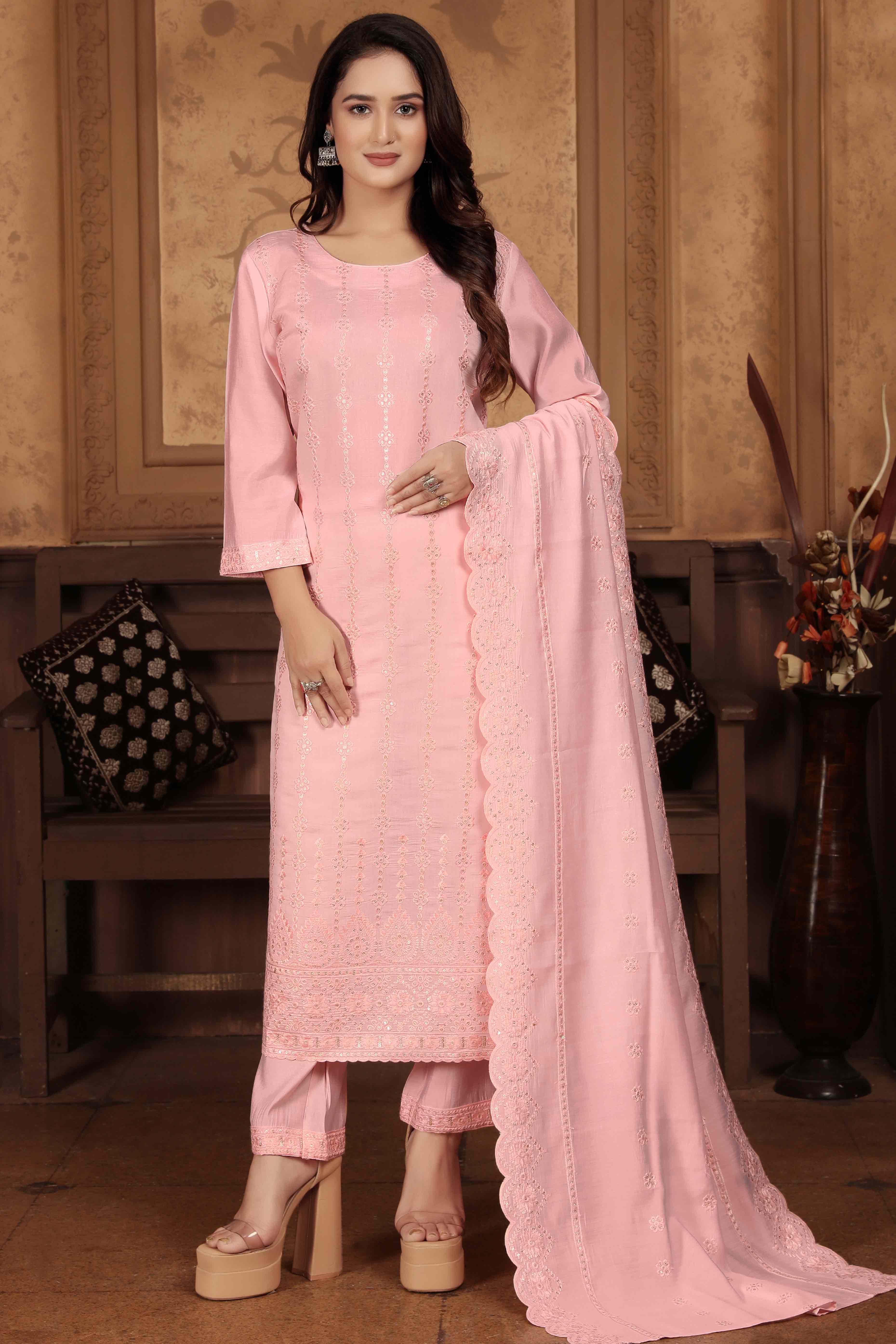 Pink Sequins Embroidered Chanderi Straight Salwar Suit