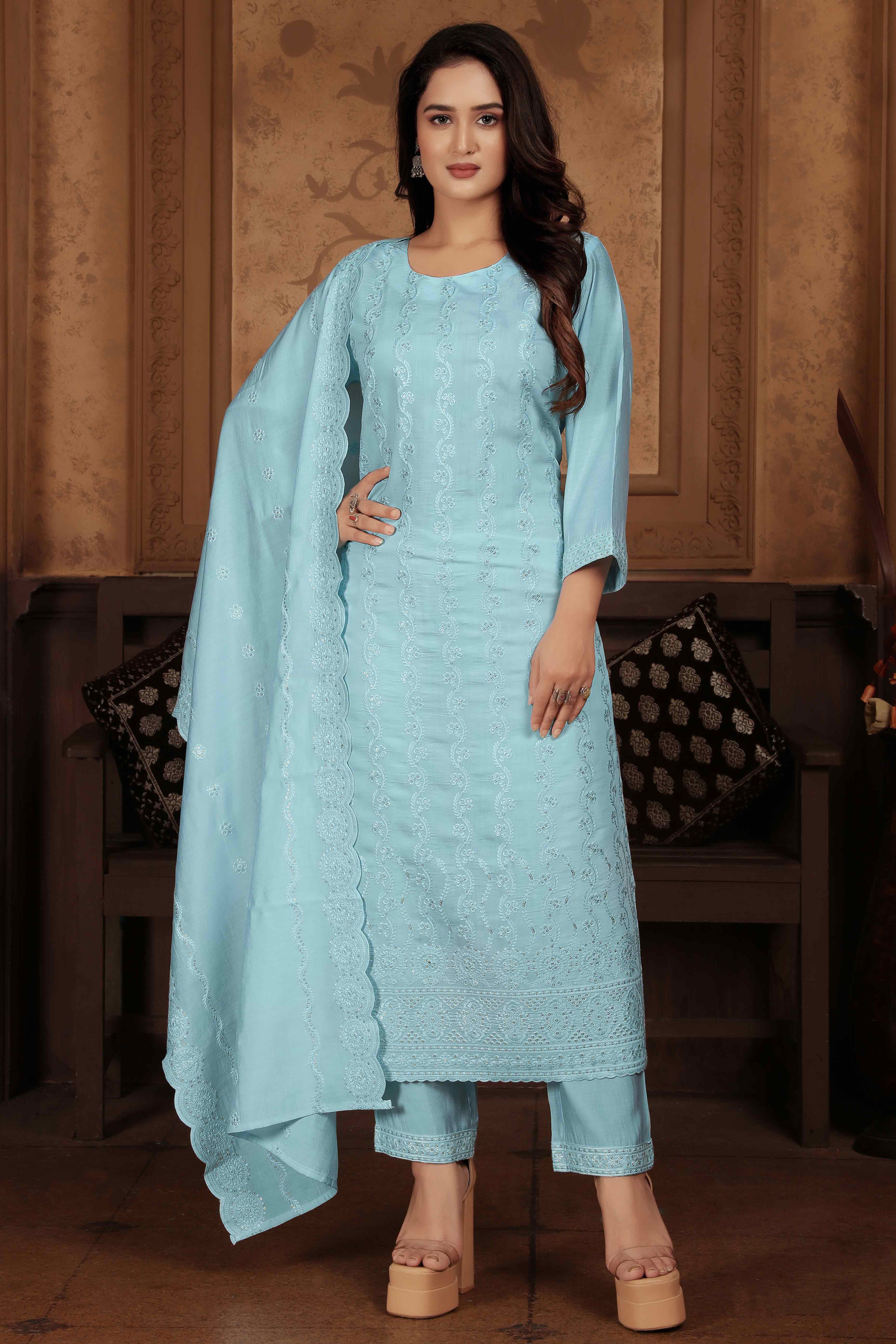 Blue Sequins Embroidered Chanderi Straight Salwar Suit