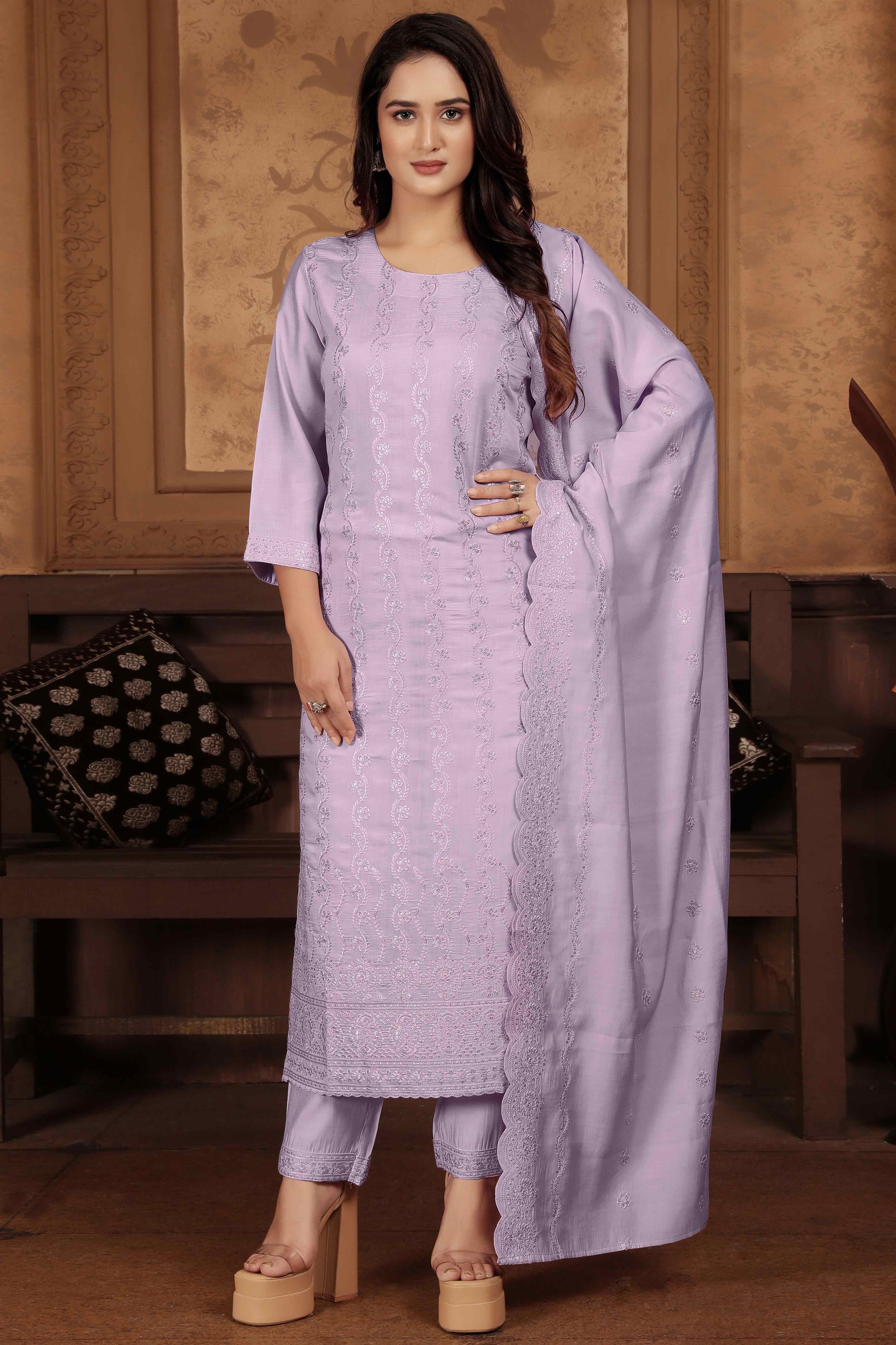 Lavender Sequins Embroidered Chanderi Straight Salwar Suit