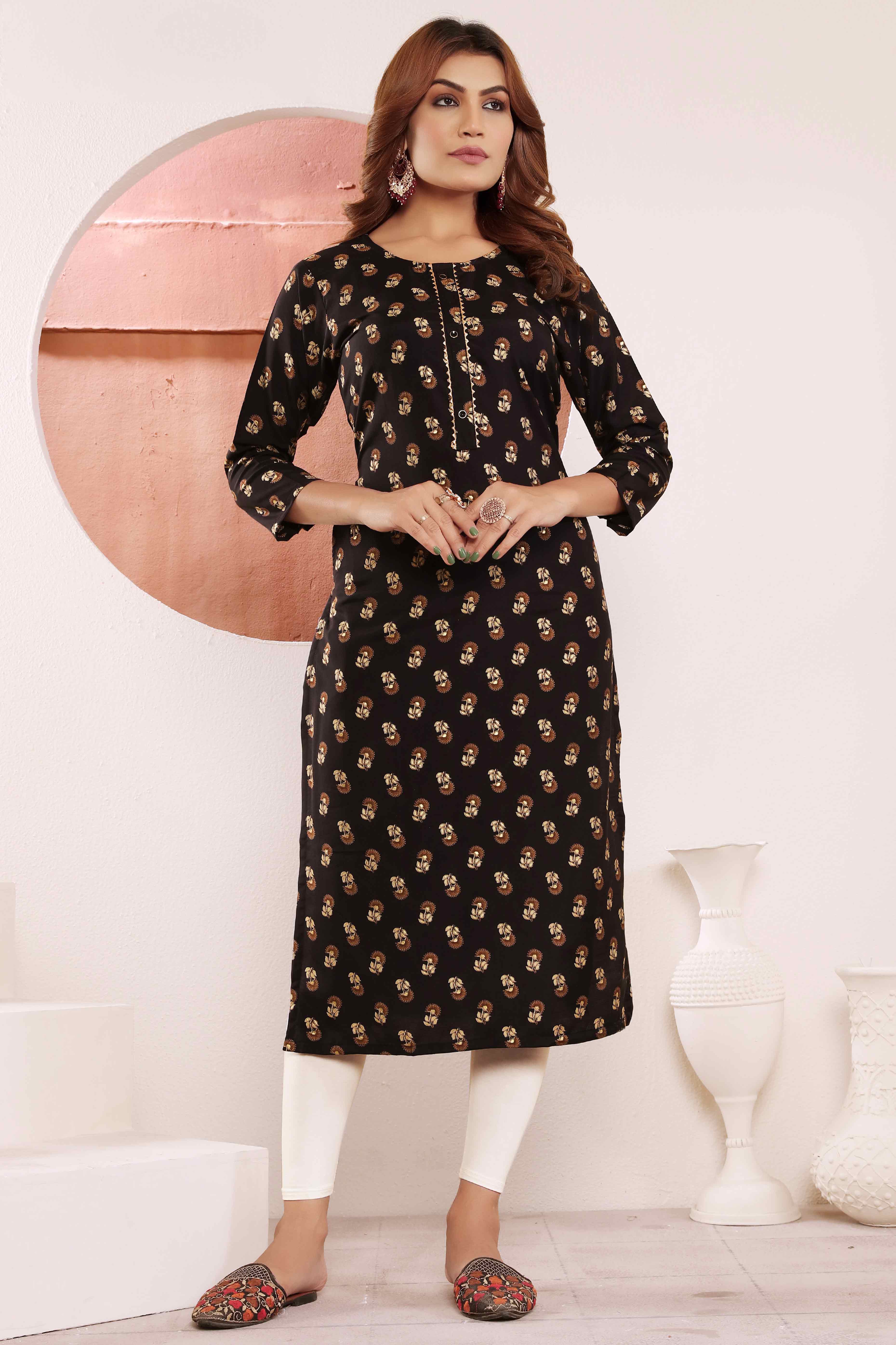 Black Floral Foil Printed Muslin Viscose Kurti