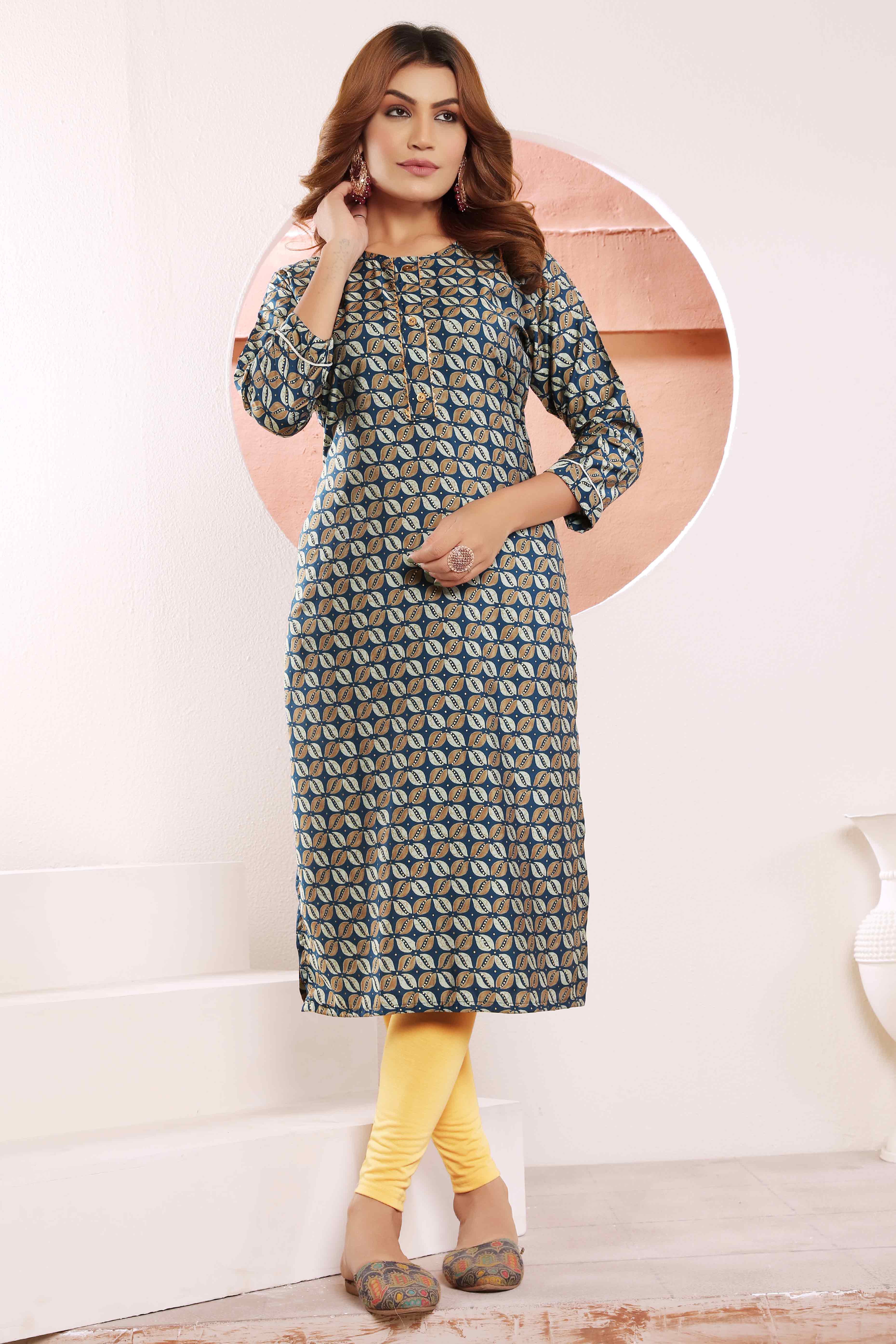 Blue Foil Printed Muslin Viscose Kurti