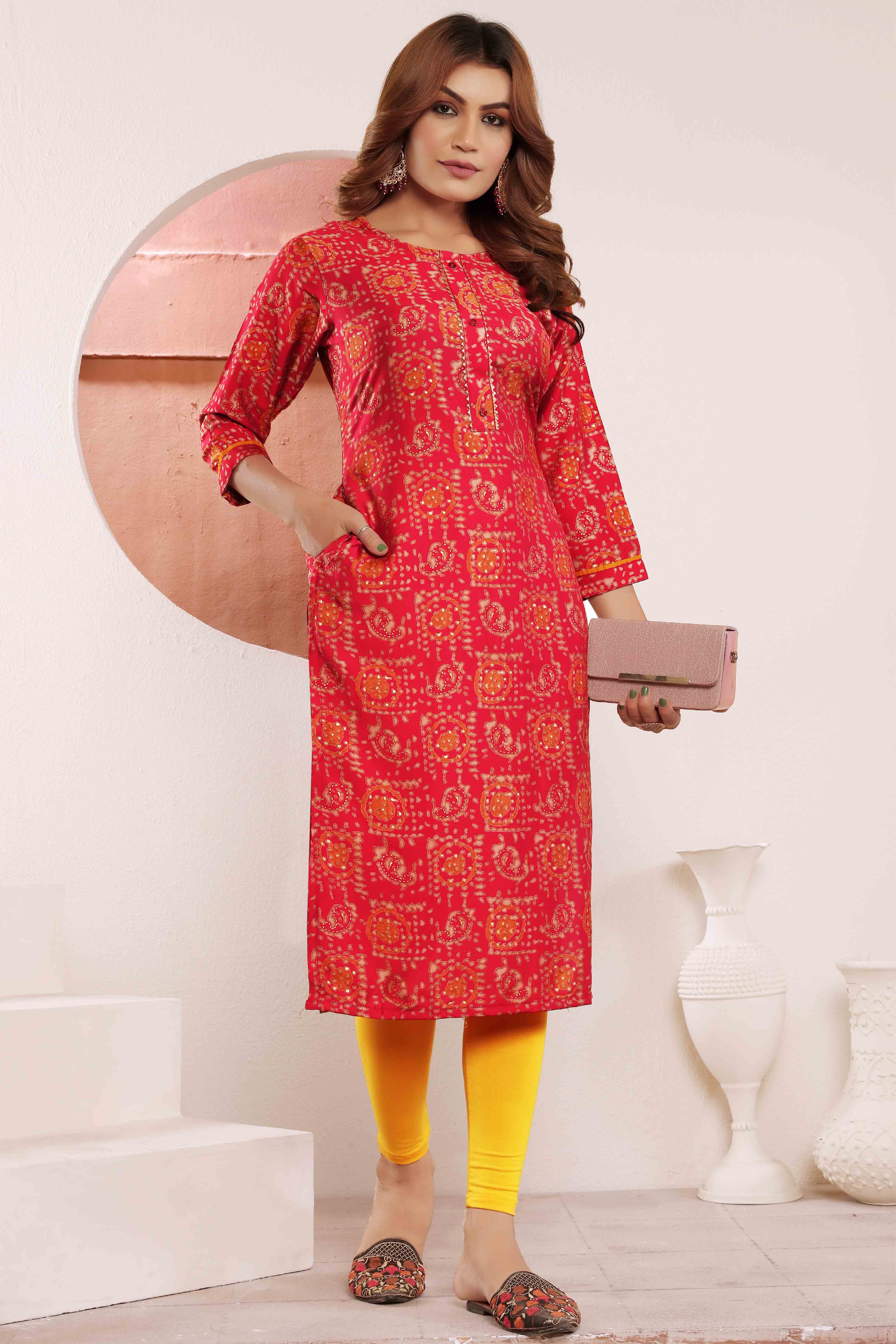 Rani Pink Foil Printed Muslin Viscose Kurti