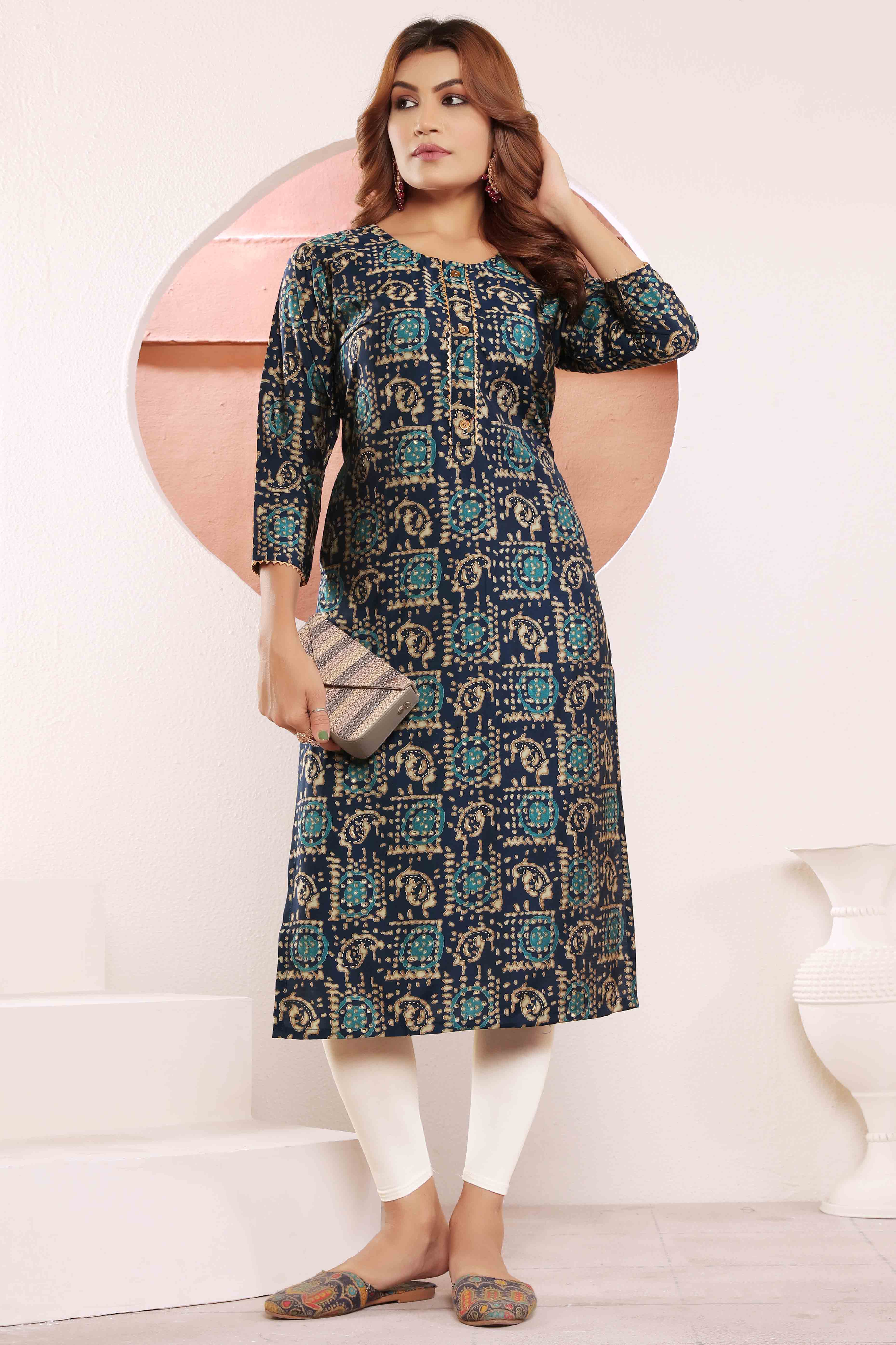 Navy Blue Foil Printed Muslin Viscose Kurti