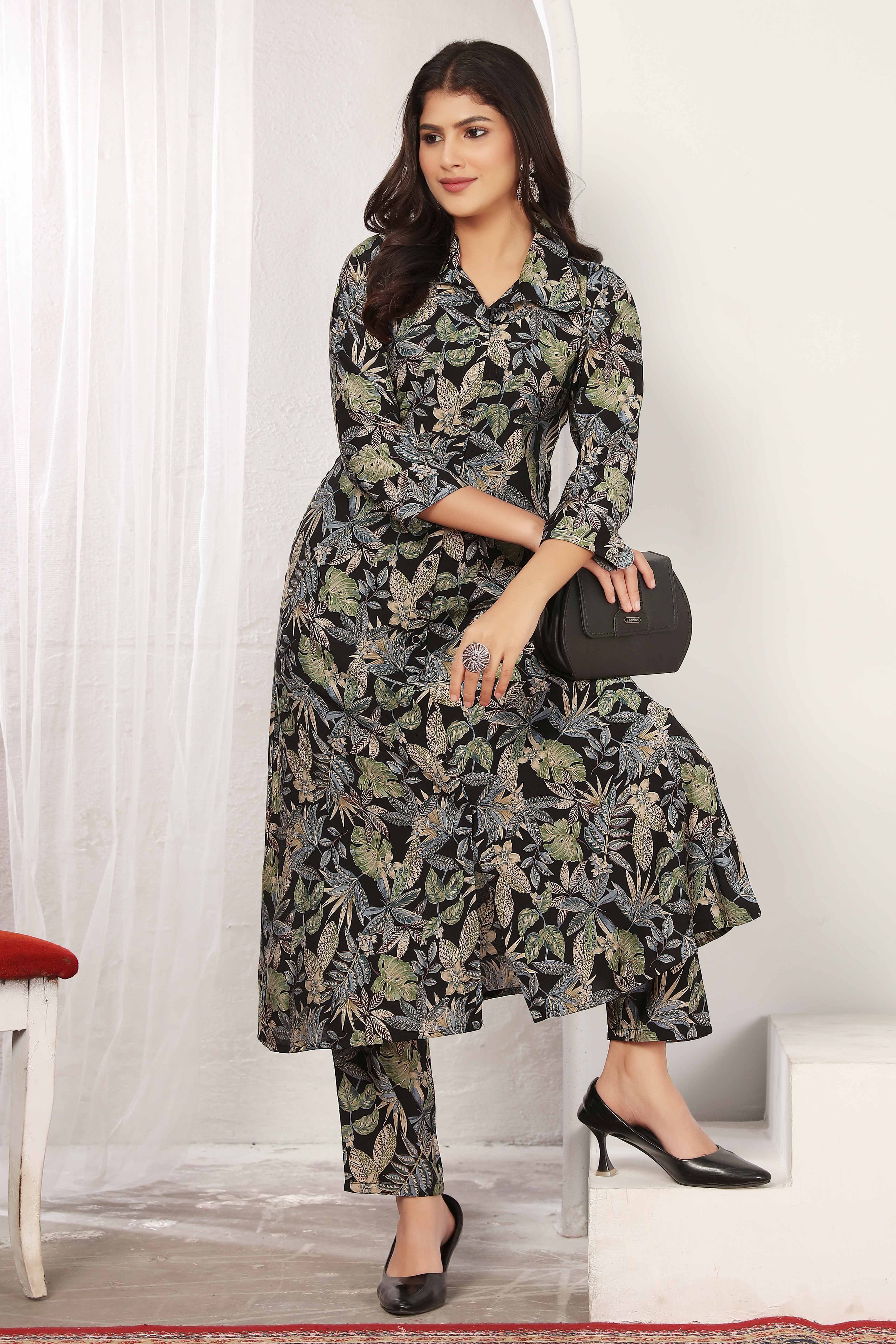 Black Floral Chanderi Print Two-Piece A-Line Set with Functional Pockets