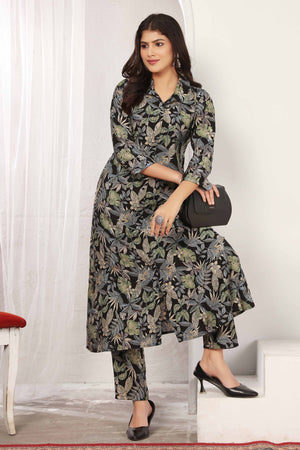 Black Floral Chanderi Print Two-Piece A-Line Set with Functional Pockets