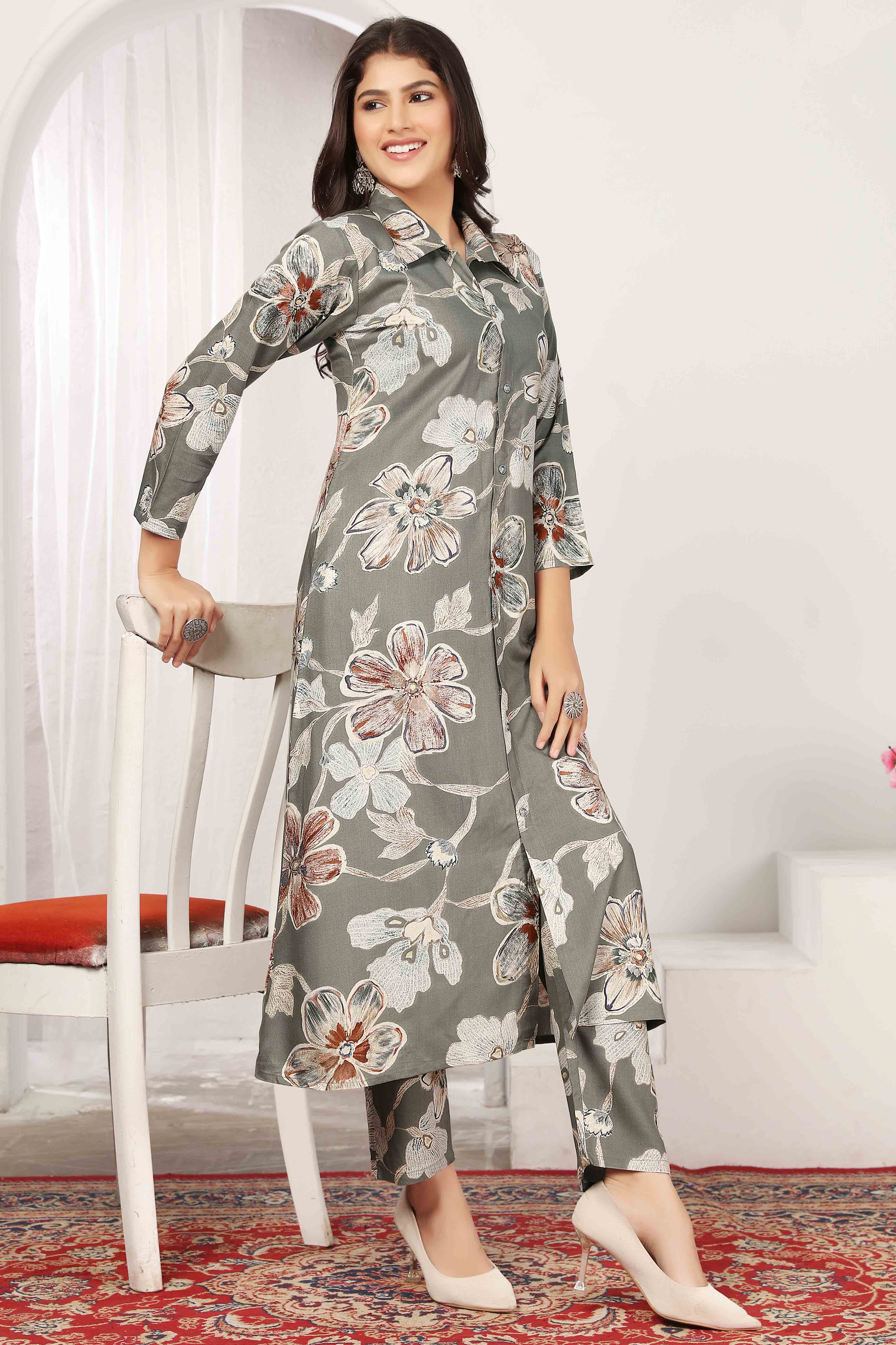 Grey Chanderi A-Line Co-Ord Set with Delicate Prints & Side Pockets