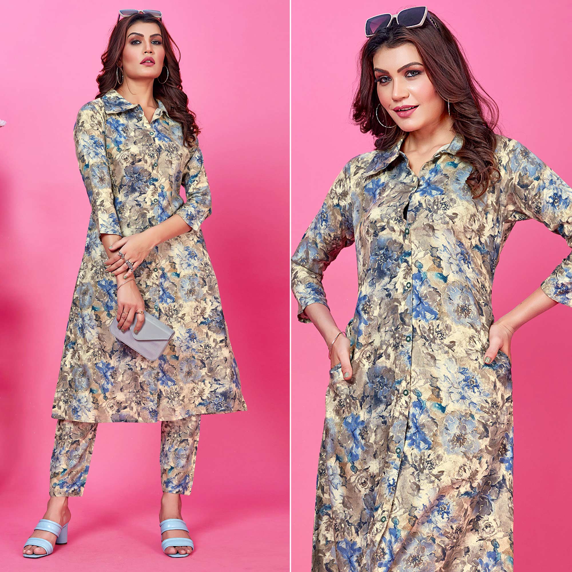 Cream Floral Foil Printed Rayon Co-Ord Set