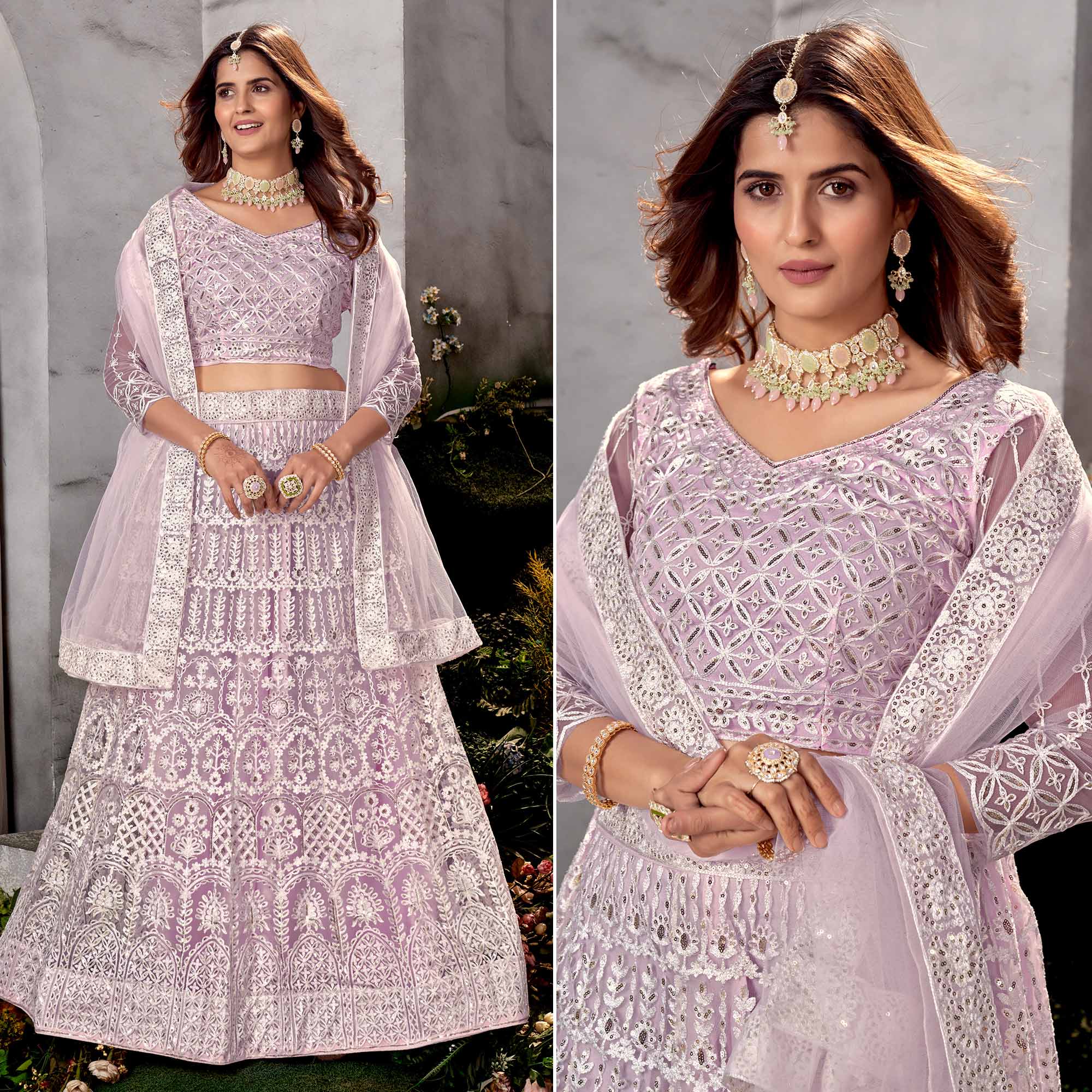 Light Purple Floral Sequins Embroidered Net Lehenga Choli