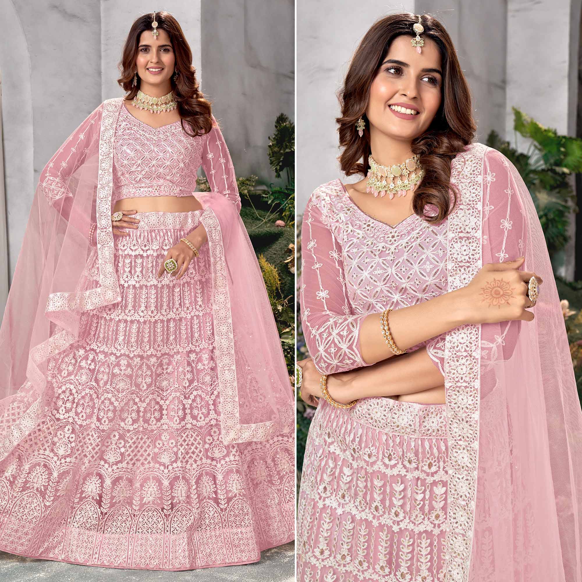 Pink Floral Sequins Embroidered Net Lehenga Choli