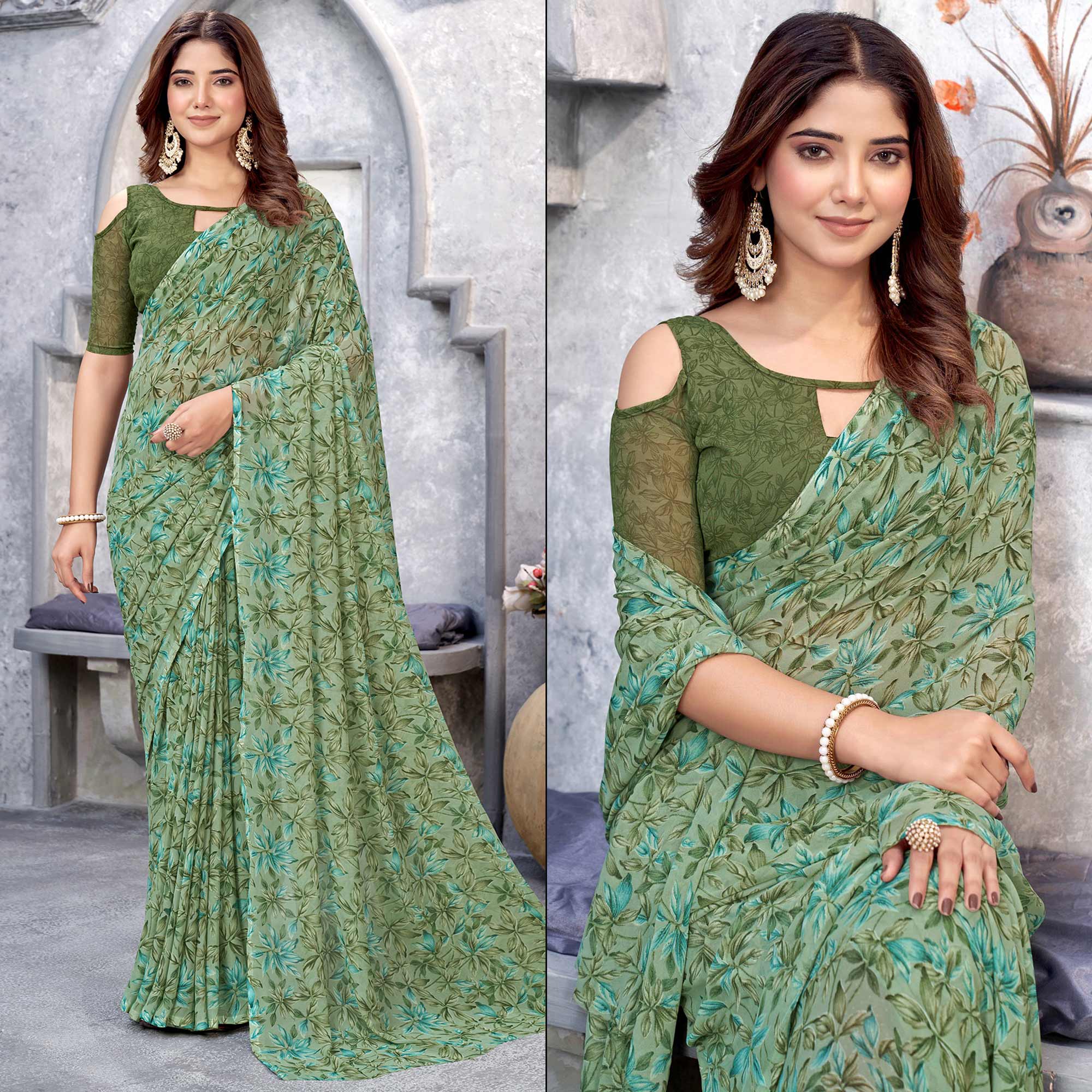 Green Floral Printed Georgette Saree