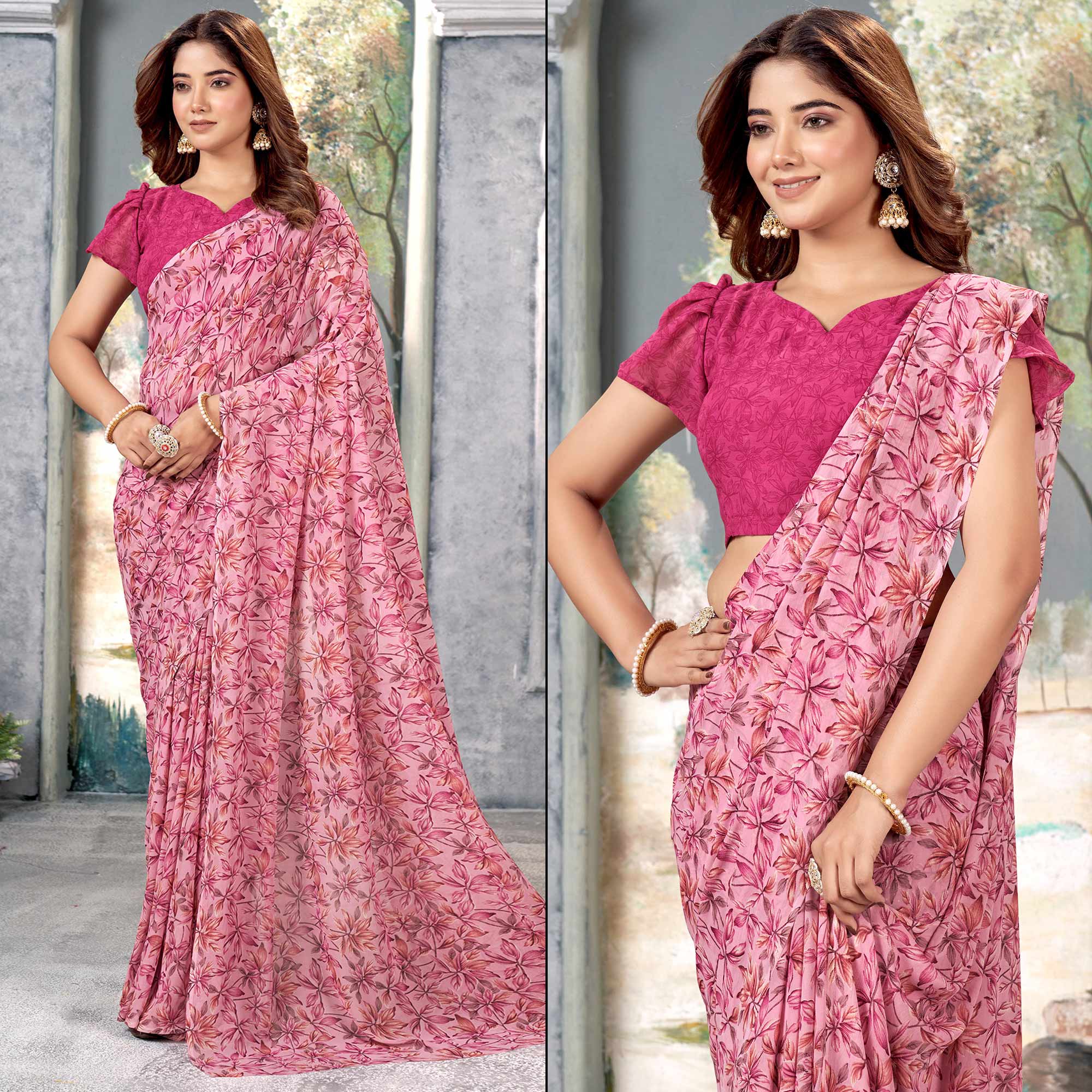 Pink Floral Printed Georgette Saree