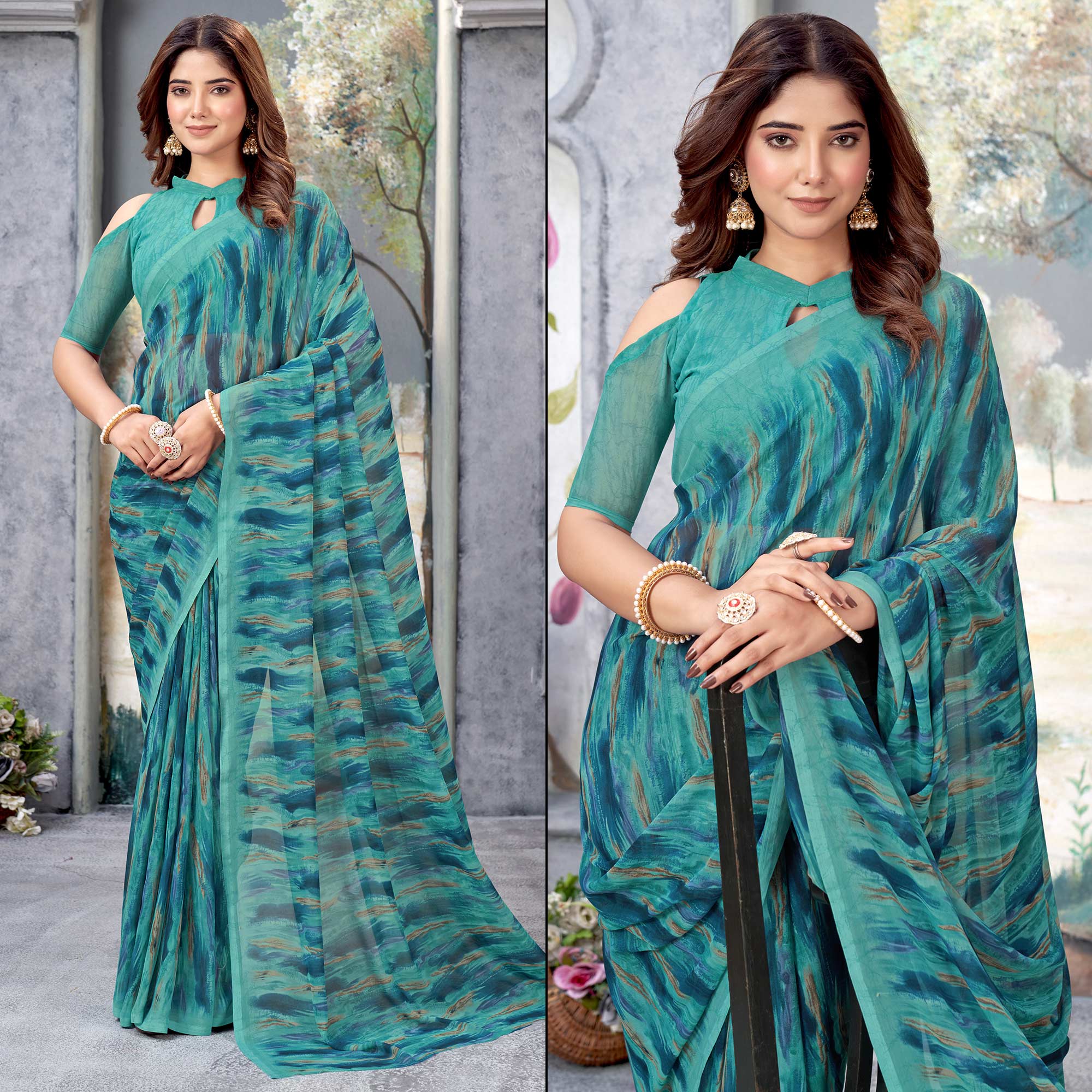 Sea Green Printed Georgette Saree