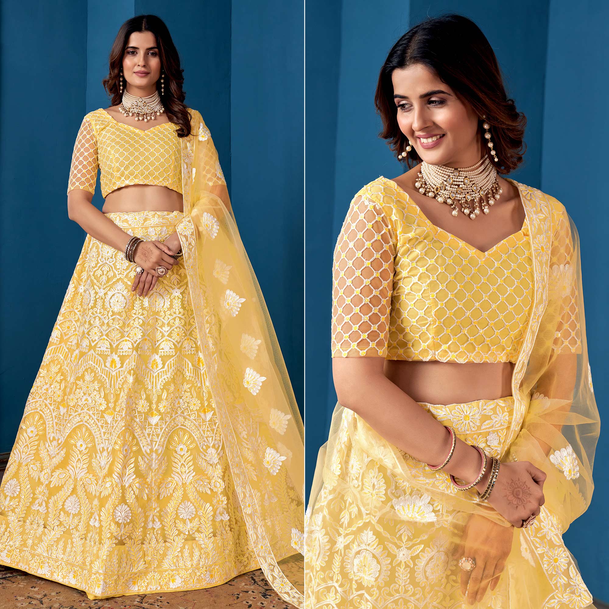 Yellow Floral Sequins Embroidered Net Lehenga Choli