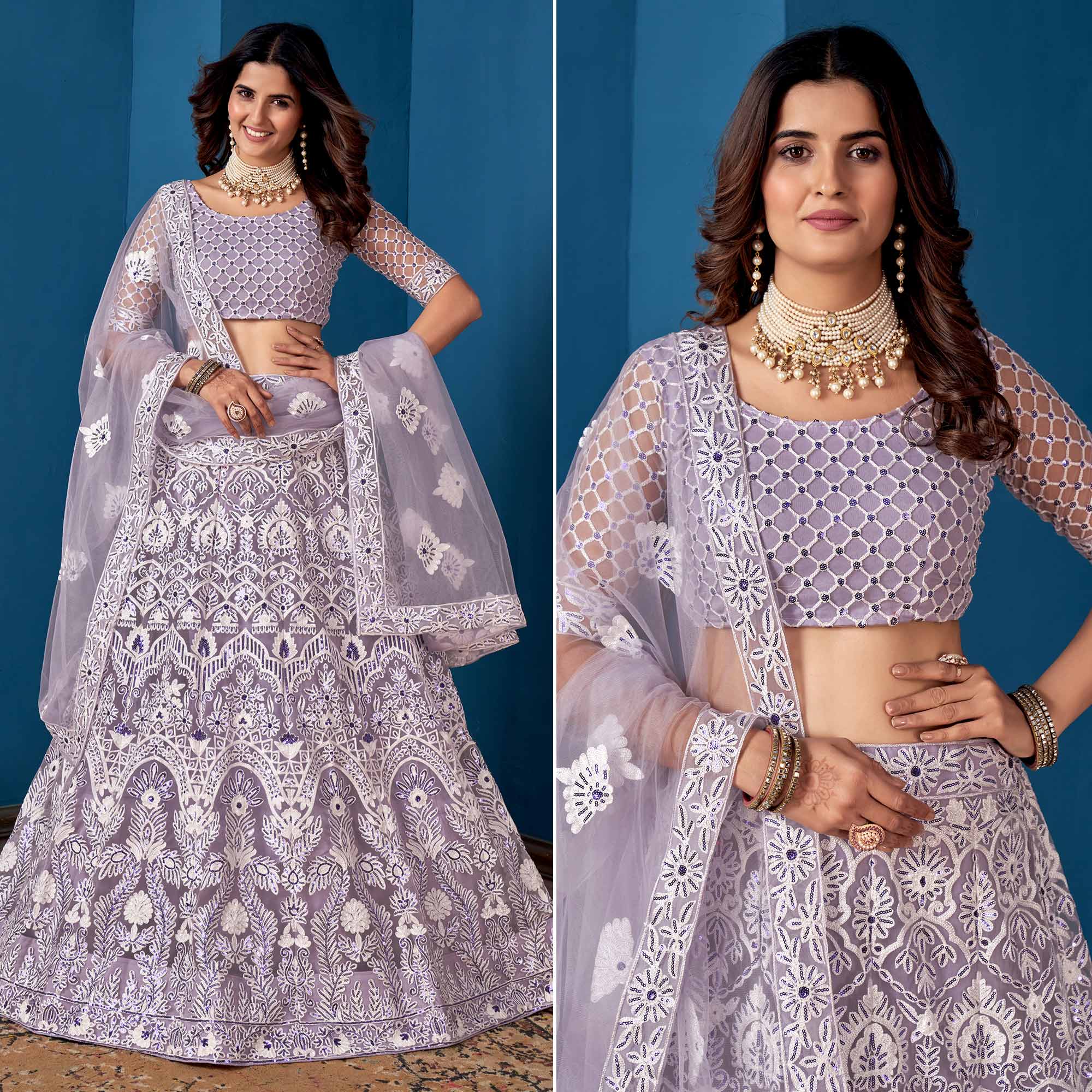 Purple Floral Sequins Embroidered Net Lehenga Choli