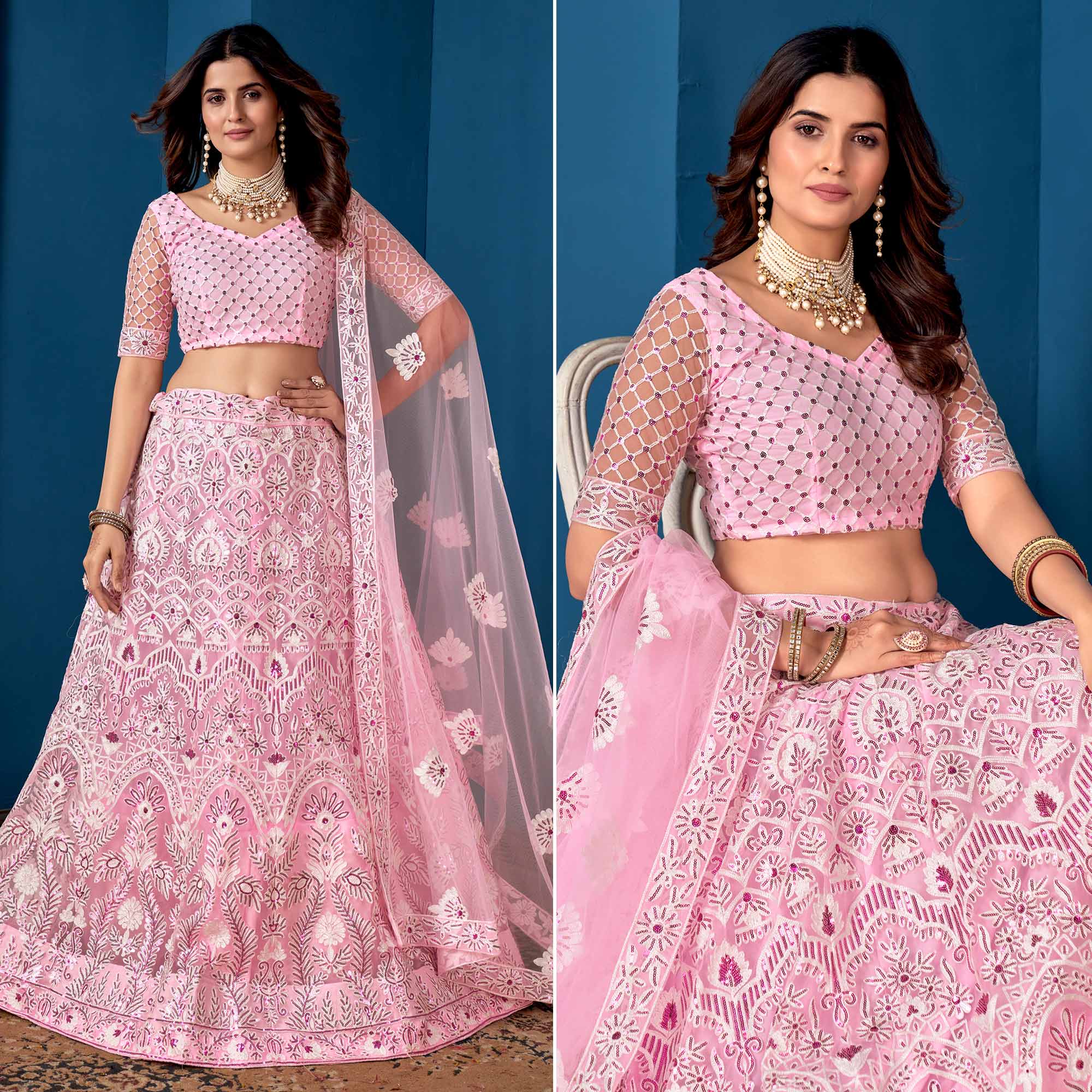 Pink Floral Sequins Embroidered Net Lehenga Choli