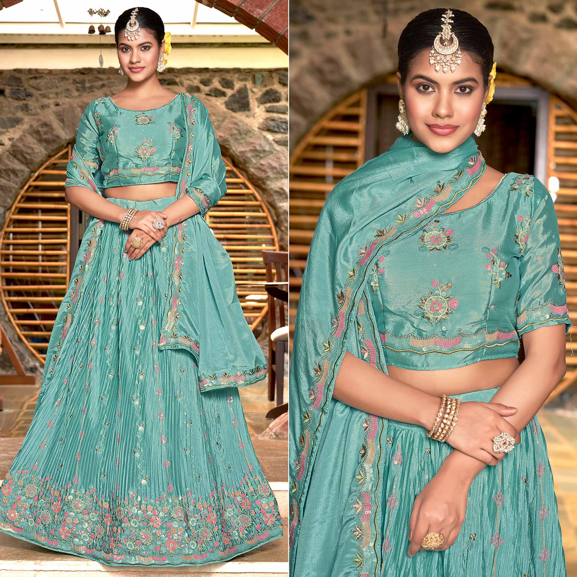 Blue Sequins Floral Embroidered Chiffon Lehenga Choli