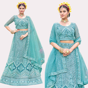 Blue Sequins Floral Embroidered Net Semi Stitched Lehenga Choli