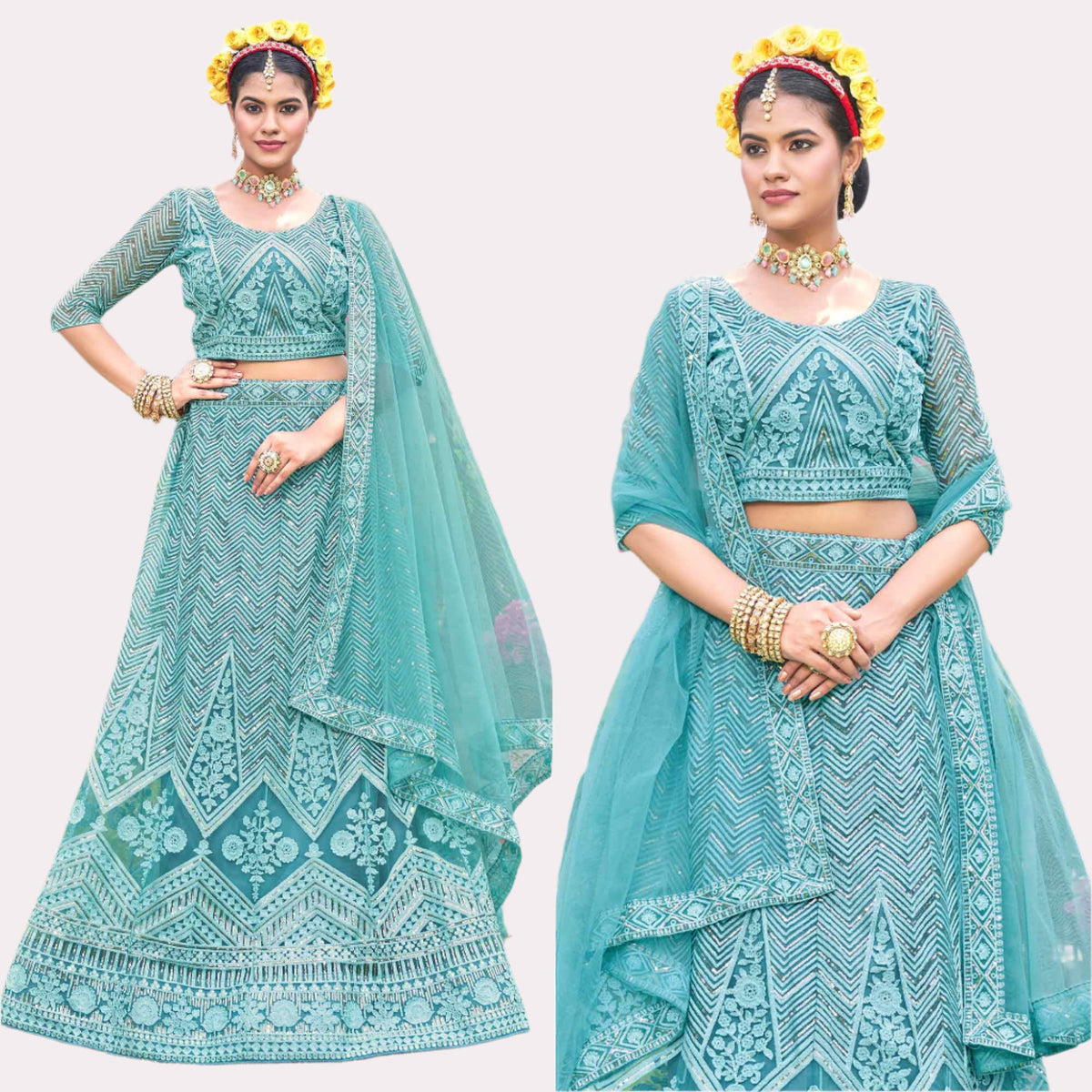 Blue Sequins Floral Embroidered Net Semi Stitched Lehenga Choli - Image 1