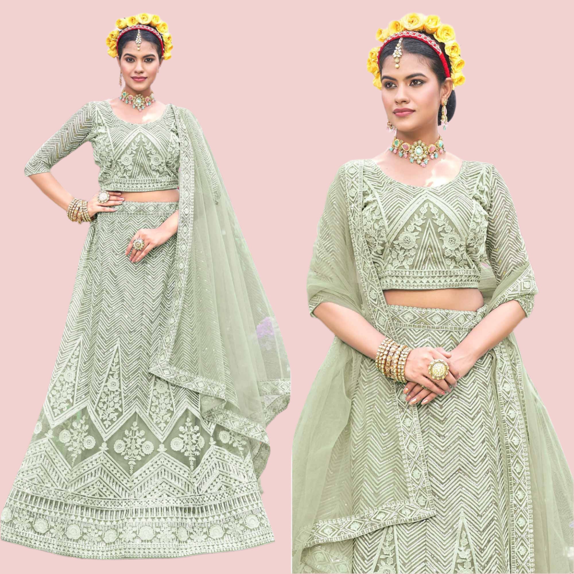 Green Sequins Floral Embroidered Net Semi Stitched Lehenga Choli