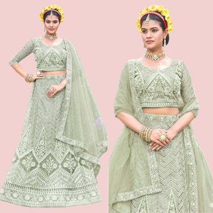Green Sequins Floral Embroidered Net Semi Stitched Lehenga Choli