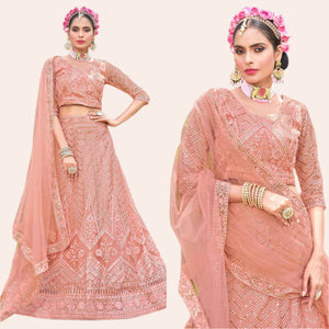 Peach Sequins Floral Embroidered Net Semi Stitched Lehenga Choli
