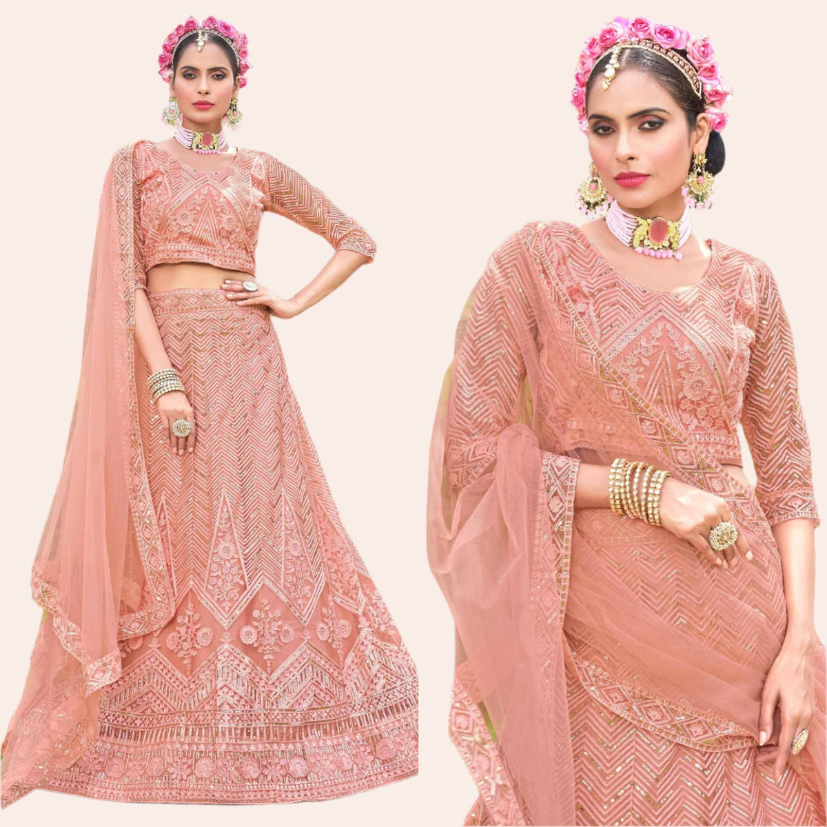 Peach Sequins Floral Embroidered Net Semi Stitched Lehenga Choli - Image 1