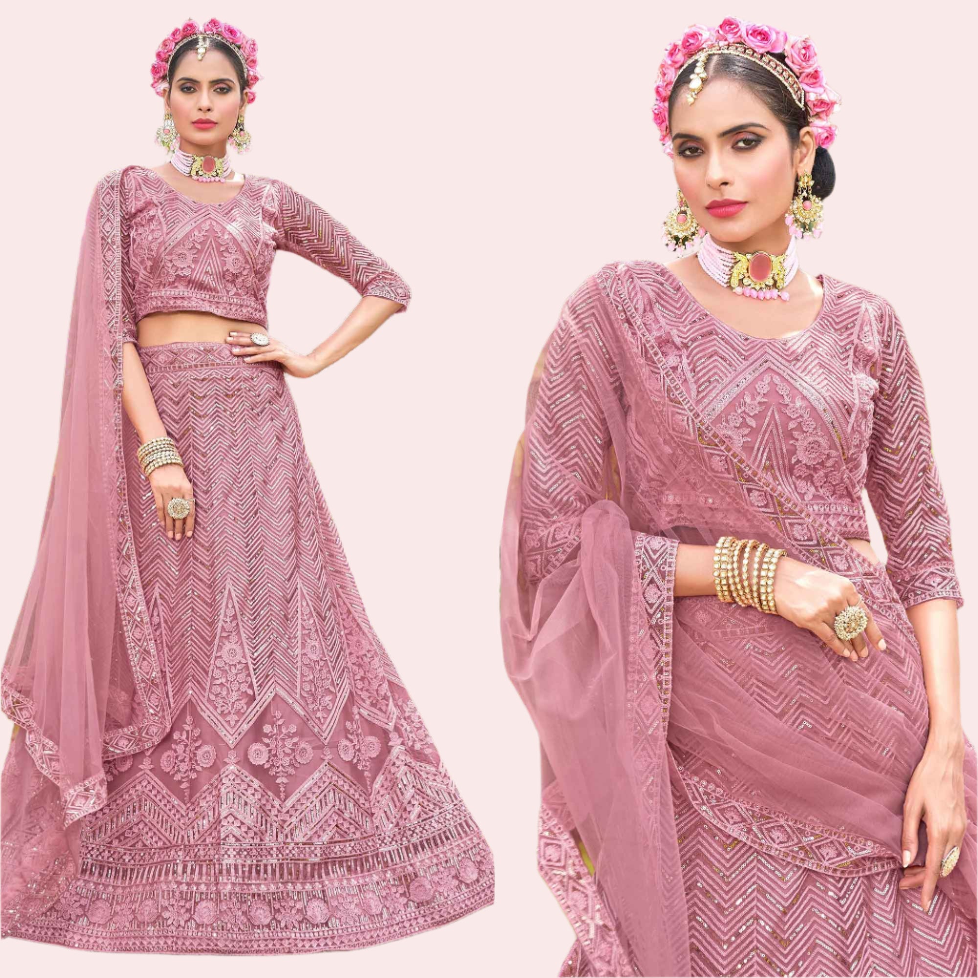 Pink Sequins Floral Embroidered Net Semi Stitched Lehenga Choli