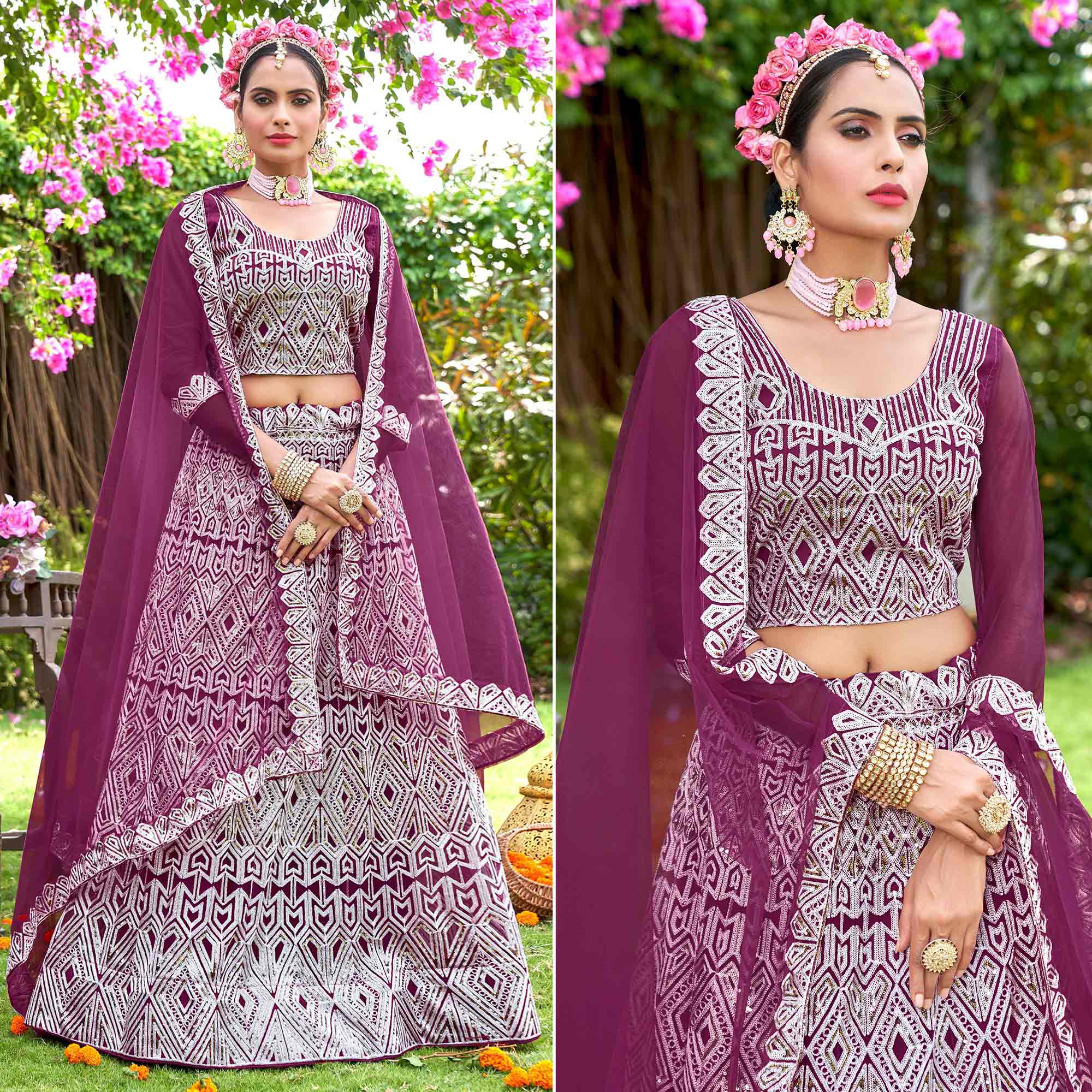 Wine Sequins Embroidered Net Semi Stitched Lehenga Choli