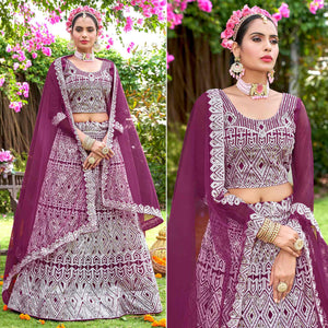 Wine Sequins Embroidered Net Semi Stitched Lehenga Choli