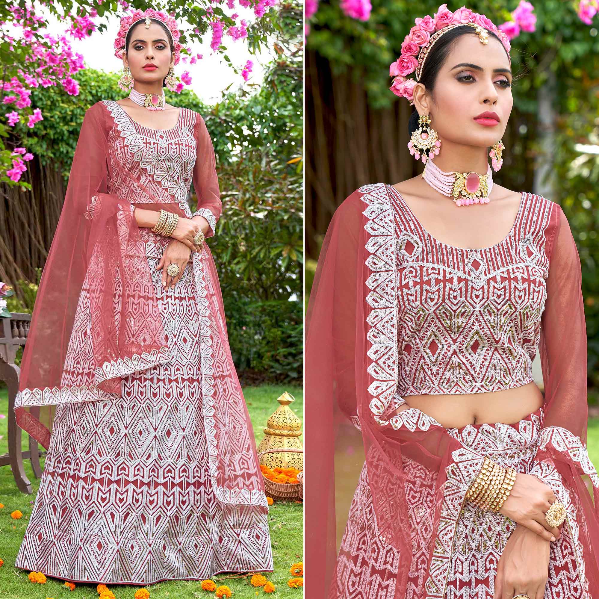 Rust Sequins Embroidered Net Semi Stitched Lehenga Choli