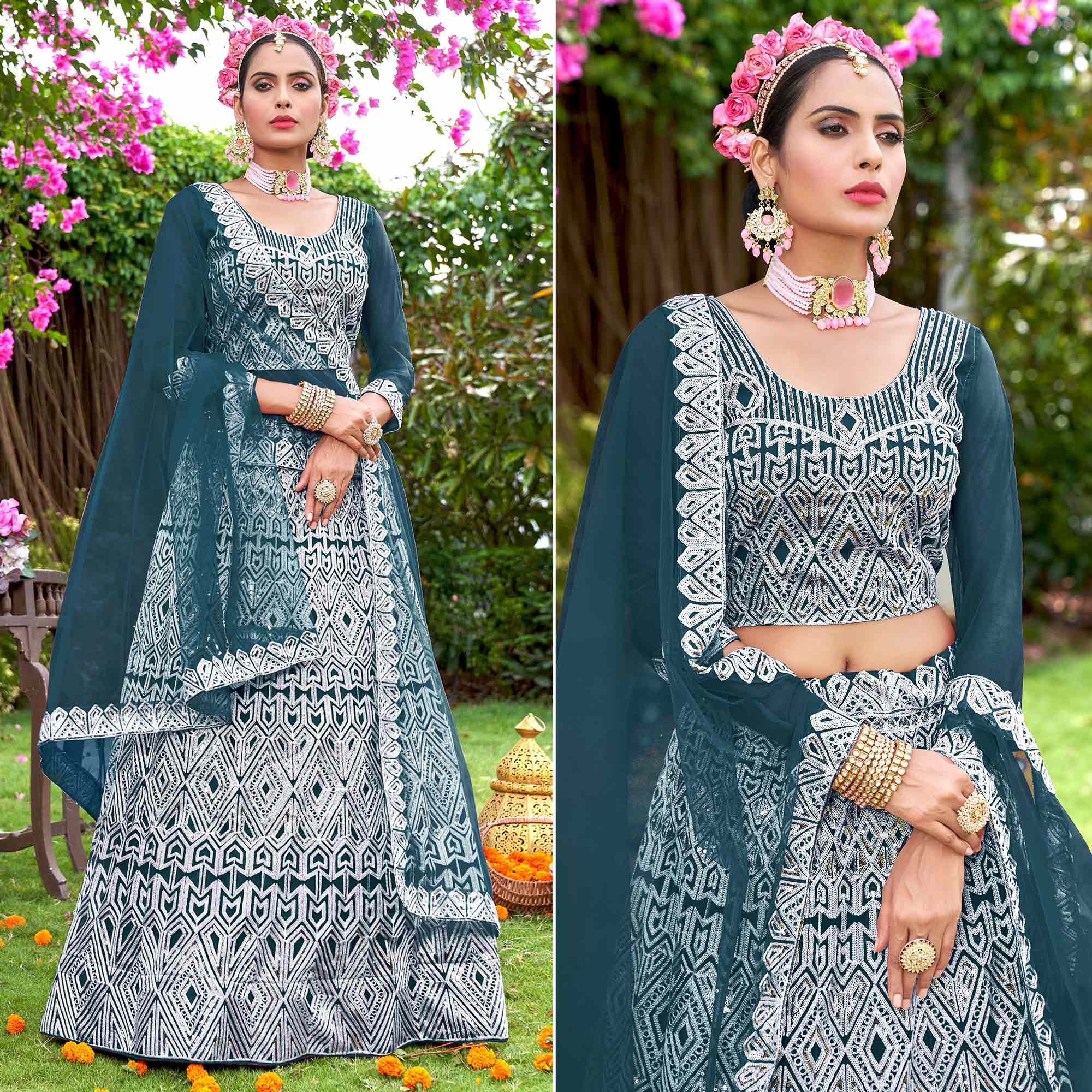 Teal Sequins Embroidered Net Semi Stitched Lehenga Choli