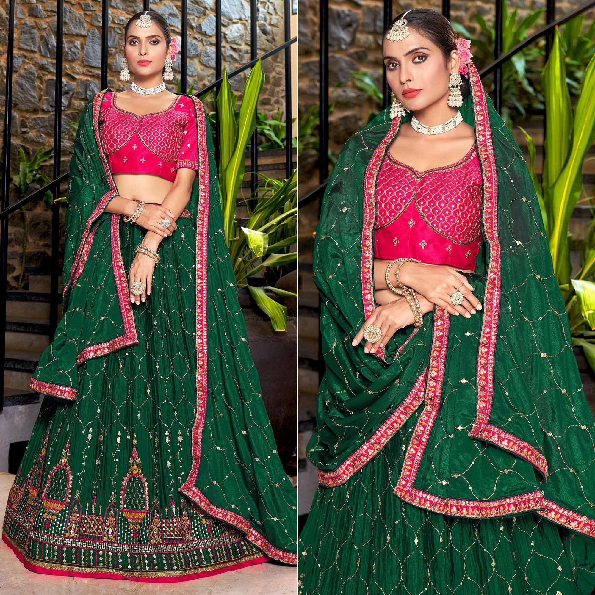 Green Sequins Embroidered Chiffon Lehenga Choli