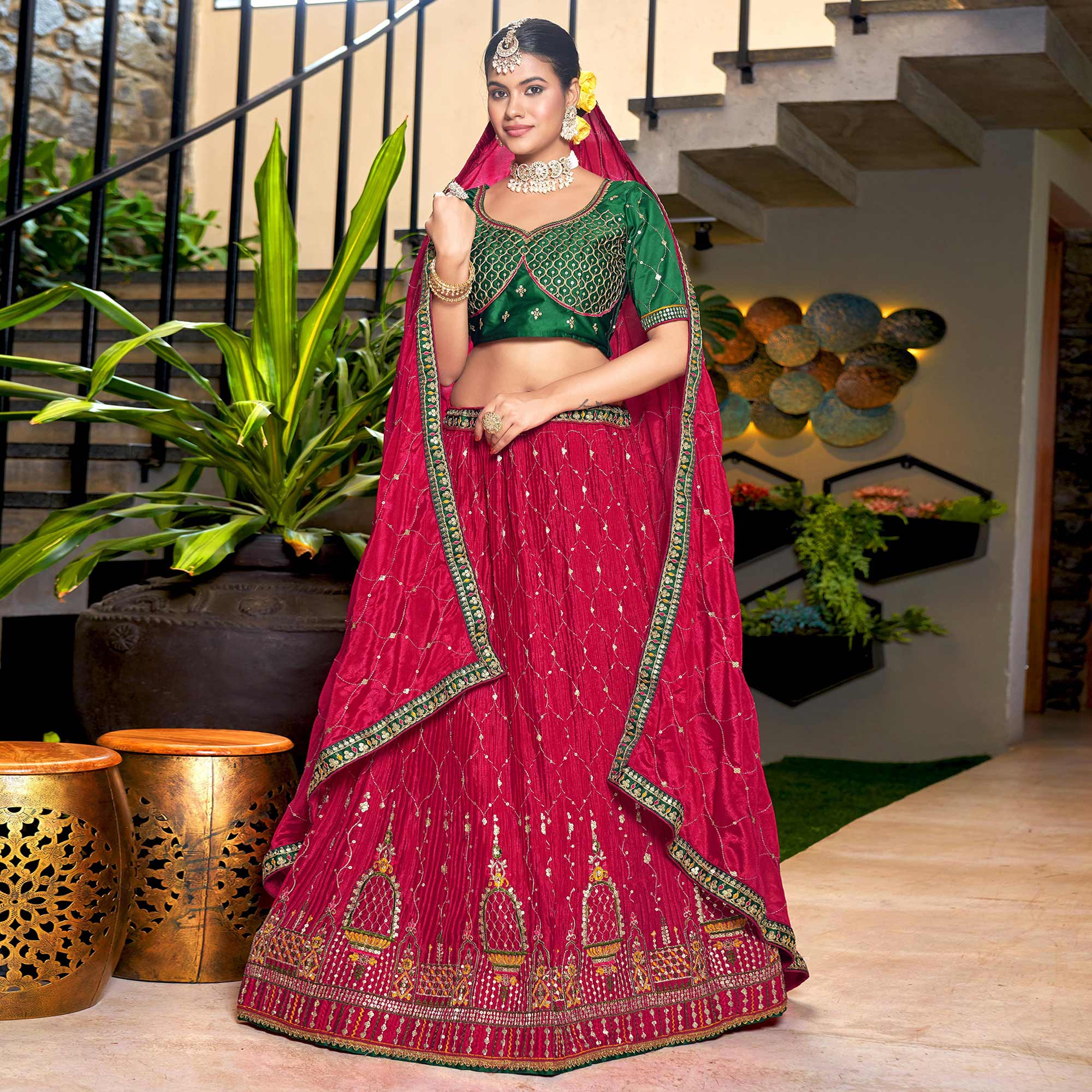 Pink Sequins Embroidered Chiffon Lehenga Choli