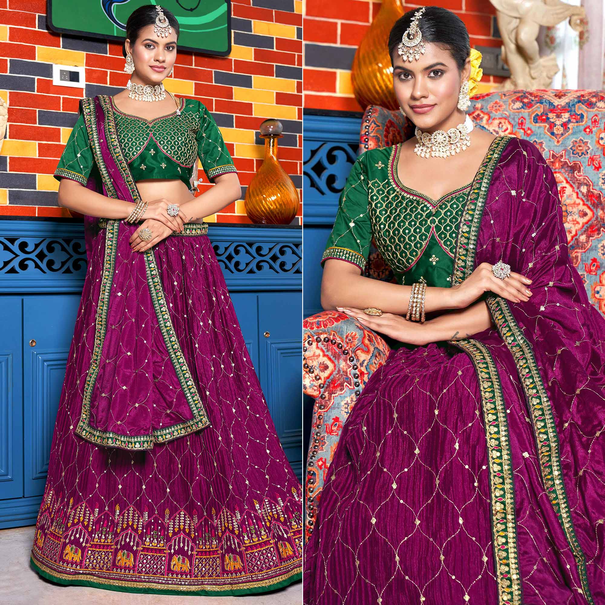 Wine Sequins Embroidered Chiffon Lehenga Choli