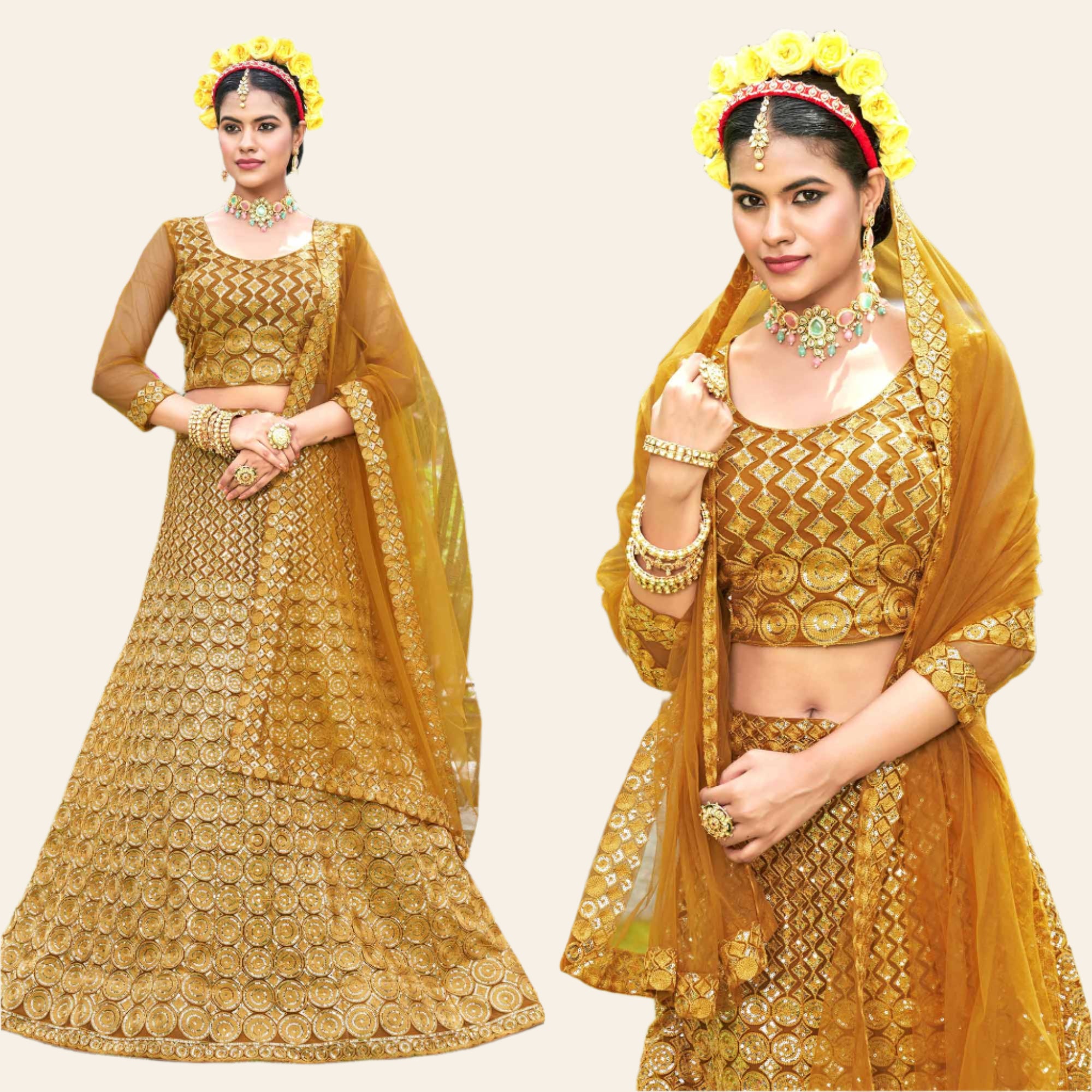 Mustard Sequins Embroidered Net Lehenga Choli