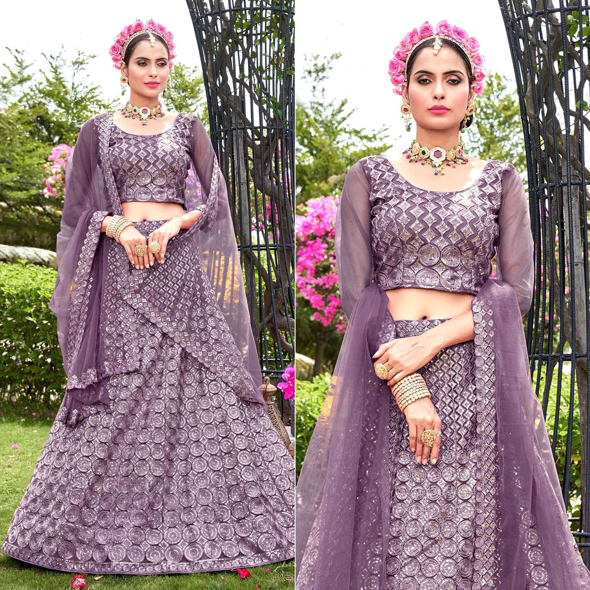 Violet Sequins Embroidered Net Lehenga Choli