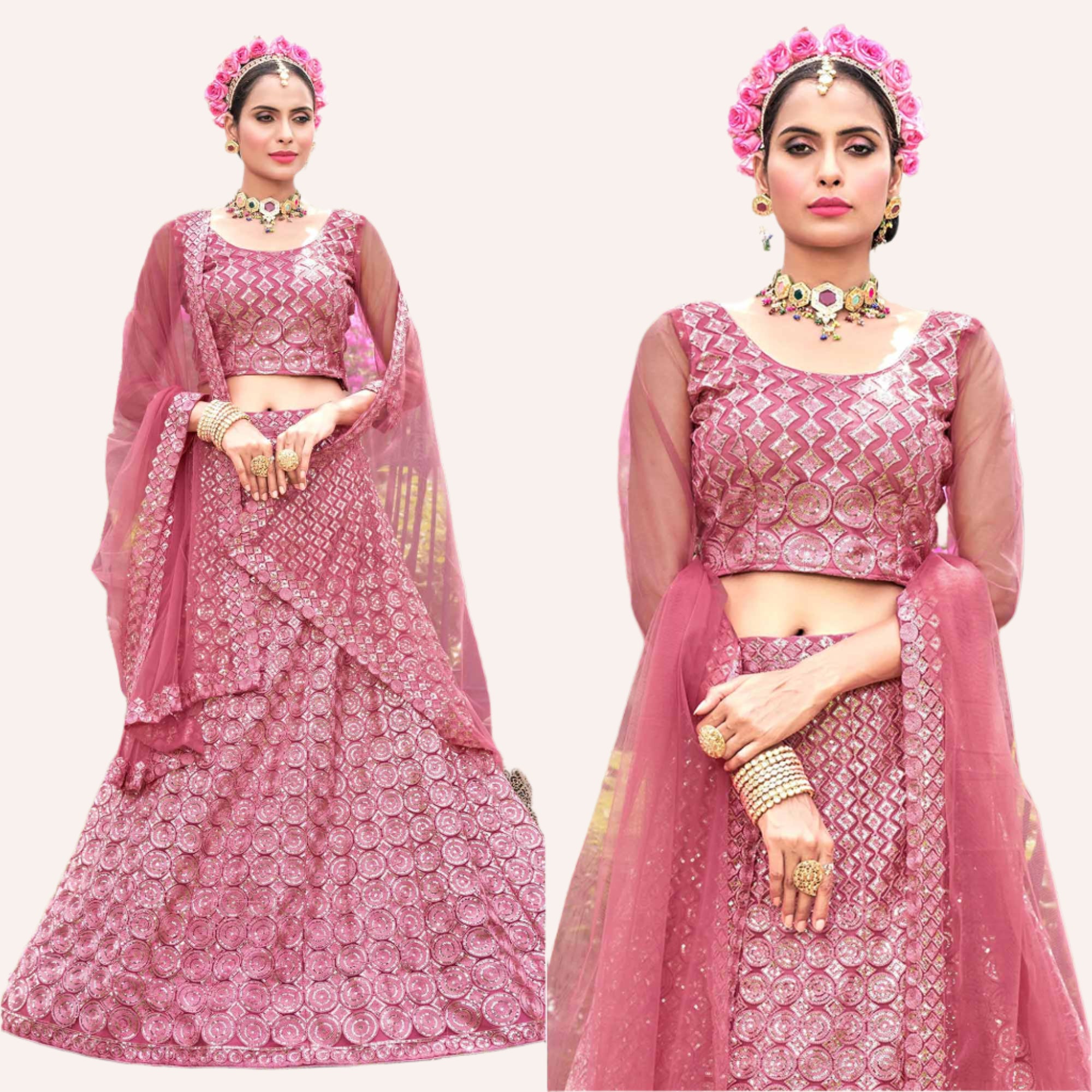 Pink Sequins Embroidered Net Lehenga Choli