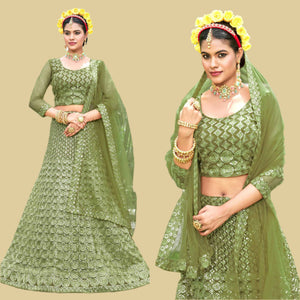 Green Sequins Embroidered Net Lehenga Choli